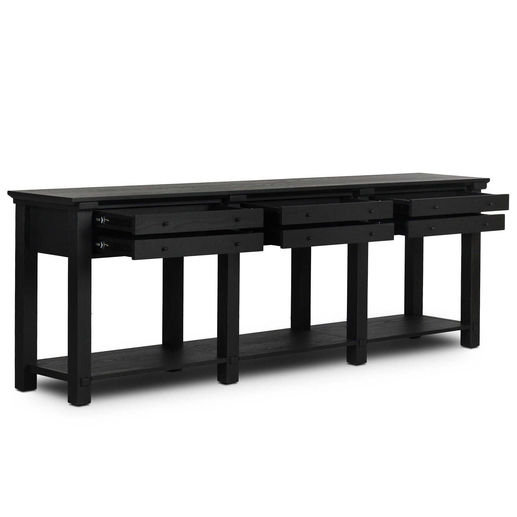 Four Hands Gardendale Stained Black Oak Console Table shown with drawer open
