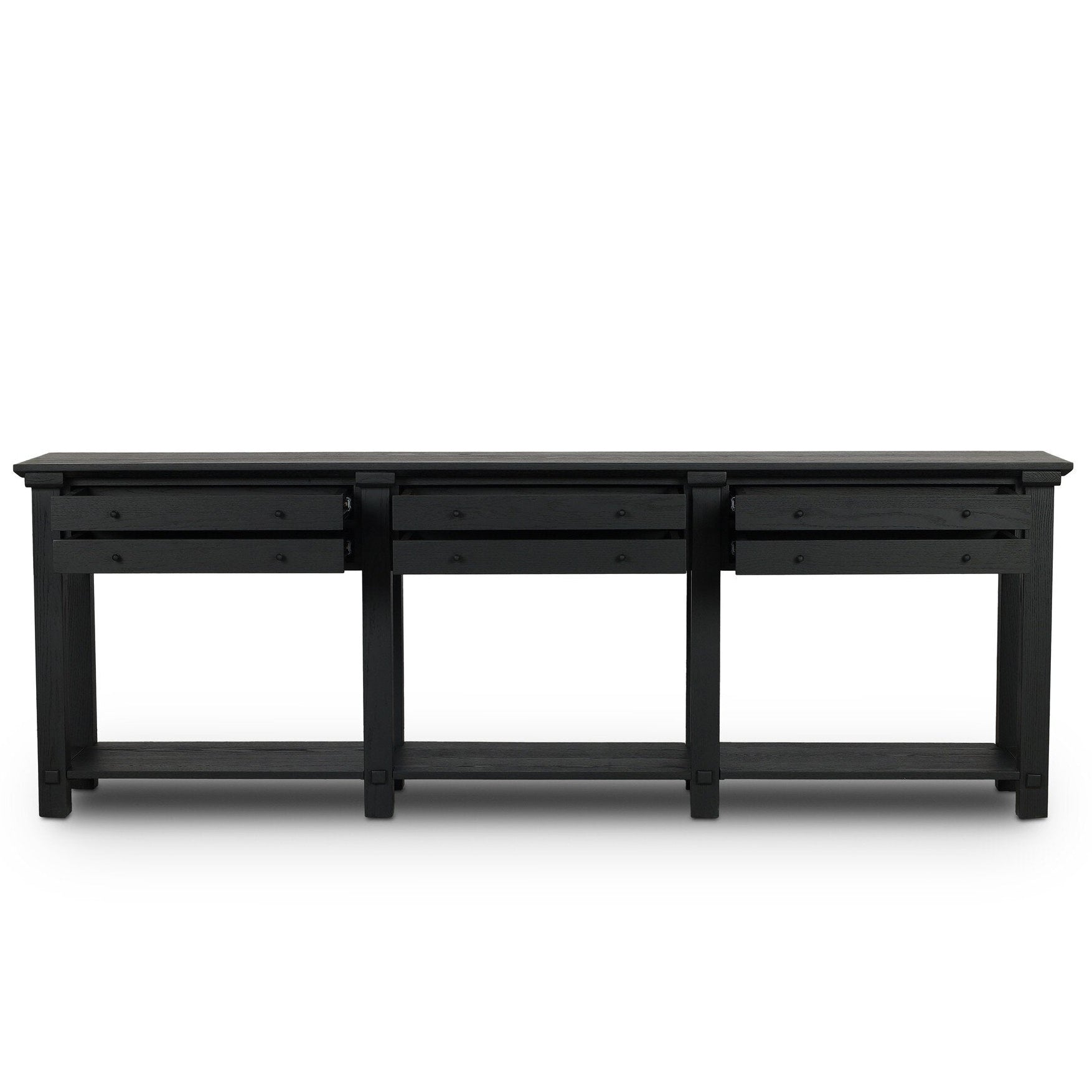 Four Hands Gardendale Stained Black Oak Console Table storage detail