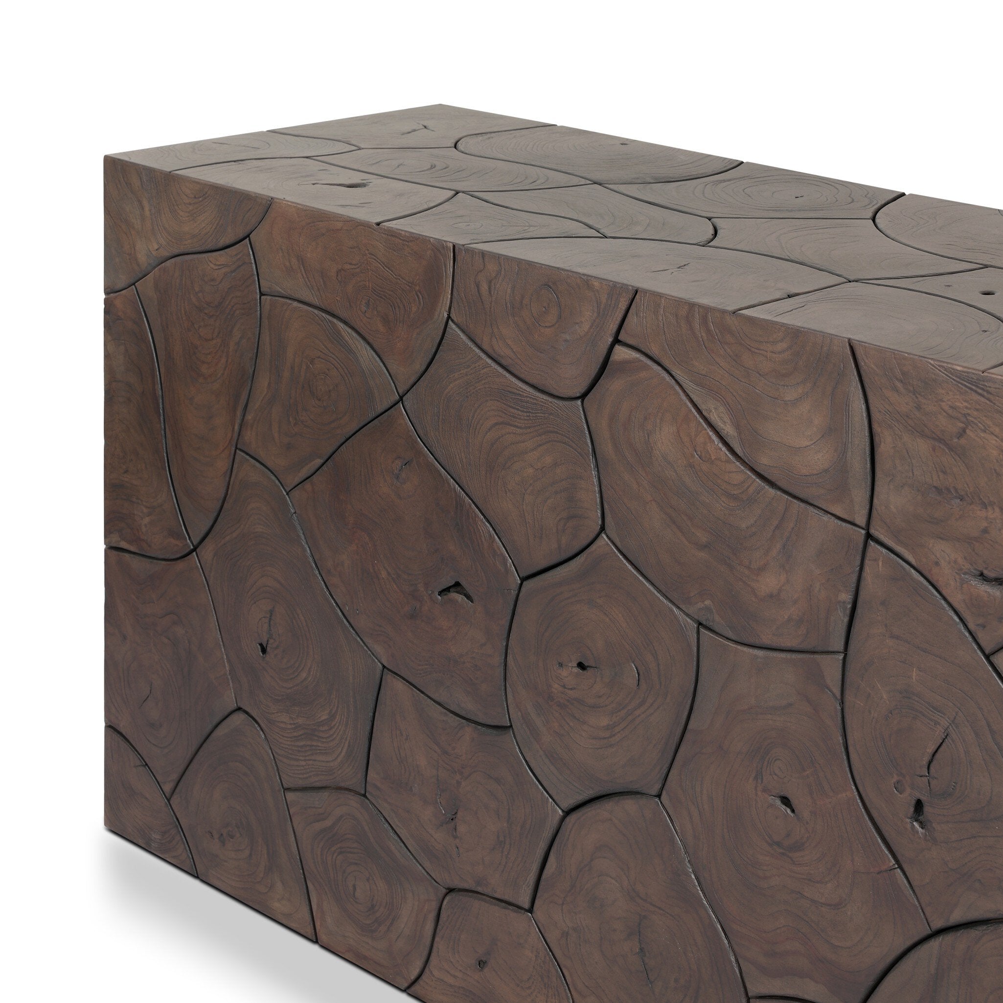 Four Hands Tomlin Saddle Brown-Teak Root Outdoor Console Table texture close-up