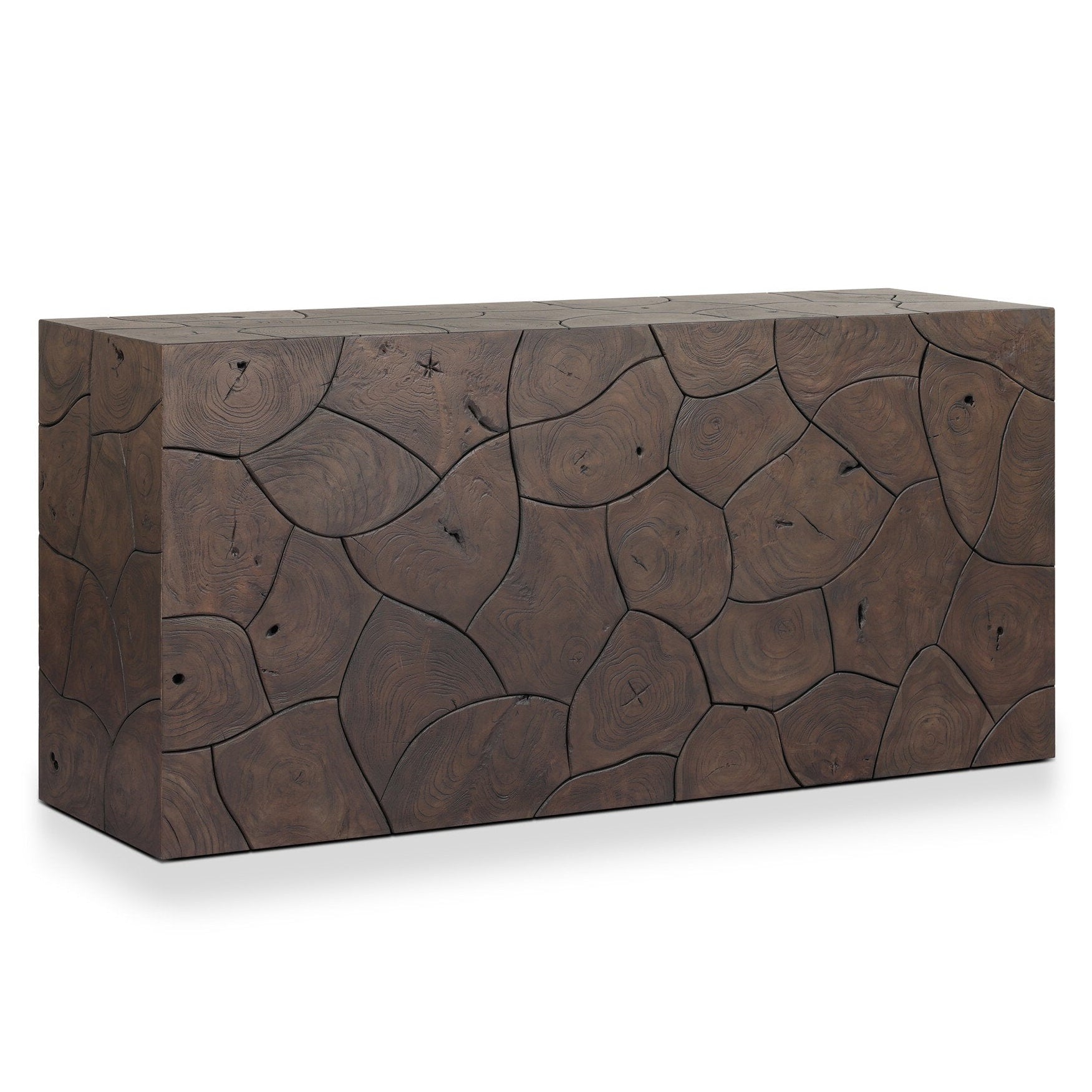 Four Hands Tomlin Saddle Brown-Teak Root Outdoor Console Table styled setting