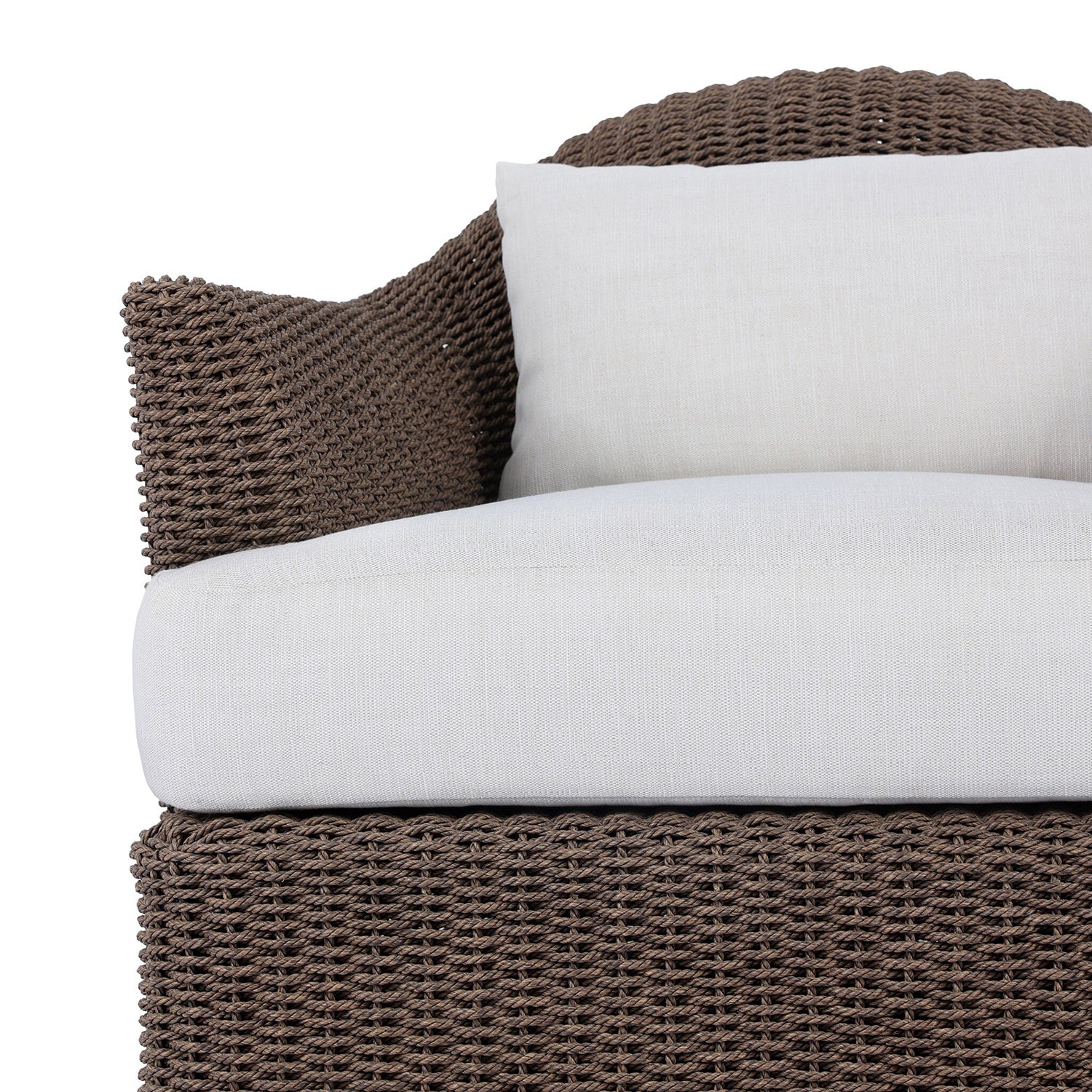 Four Hands Doane Outdoor Chair in dark twisted weave with cream cushion, close-up detail of weave, view 1