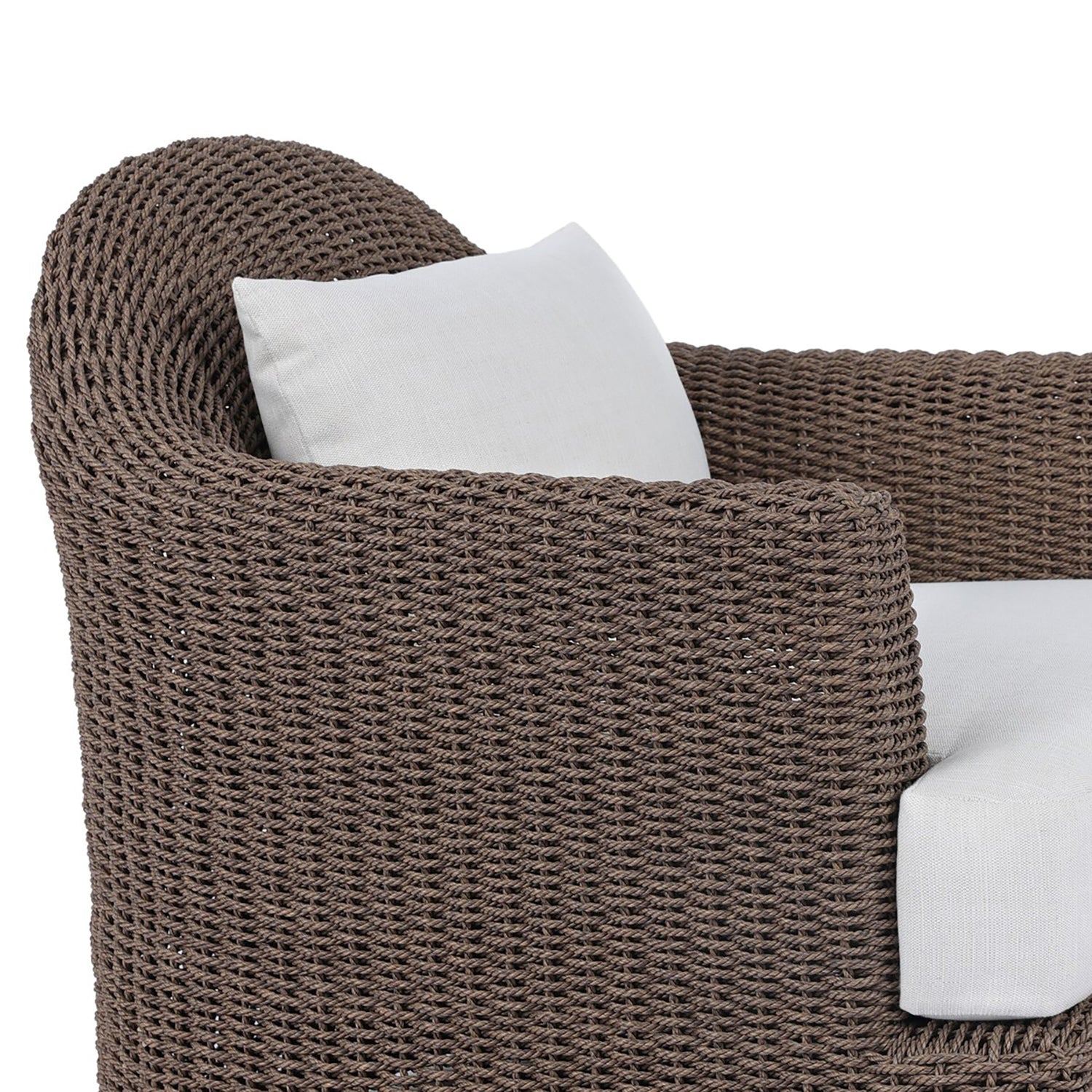 Four Hands Doane Outdoor Chair in dark twisted weave with cream cushion, close-up detail of weave, view 5
