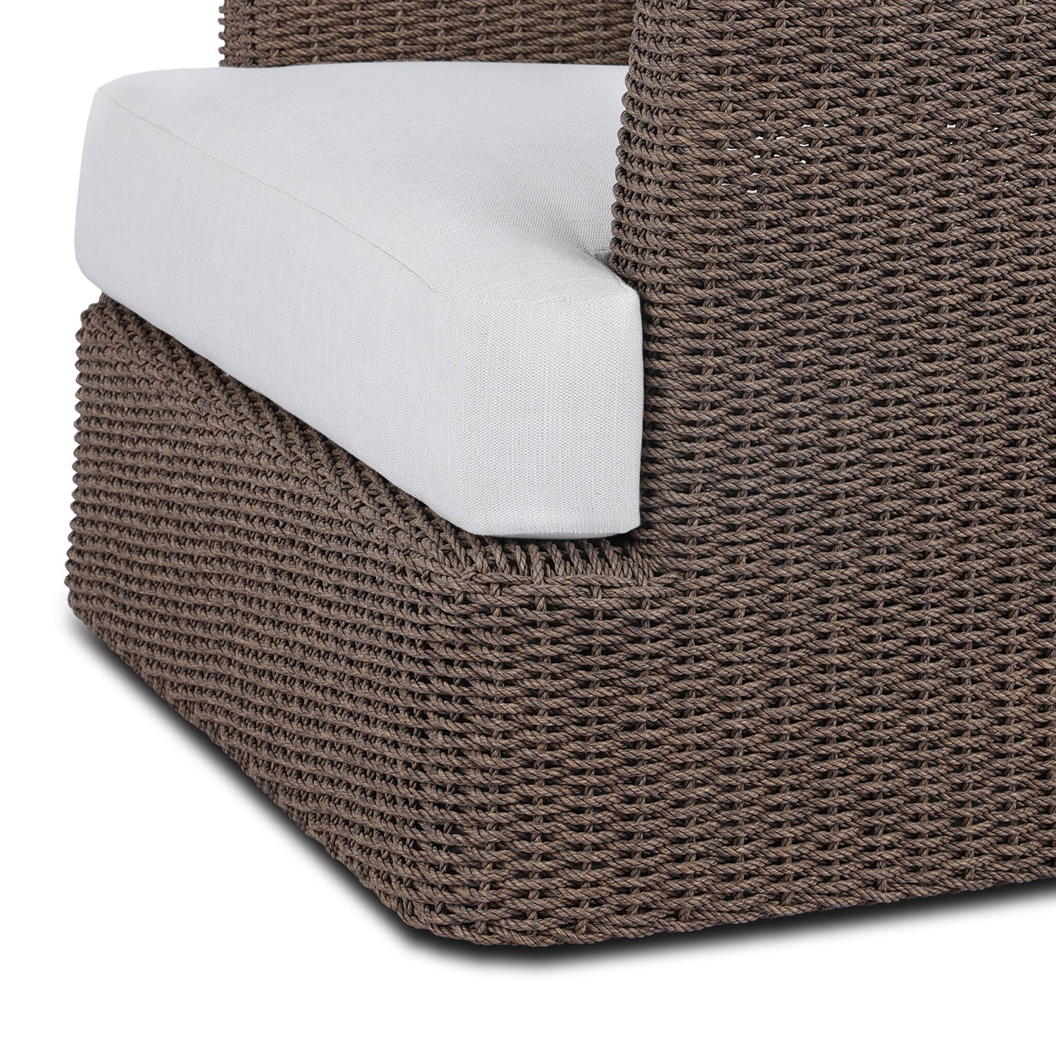 Four Hands Doane Outdoor Chair in dark twisted weave with cream cushion, close-up detail of weave, view 6