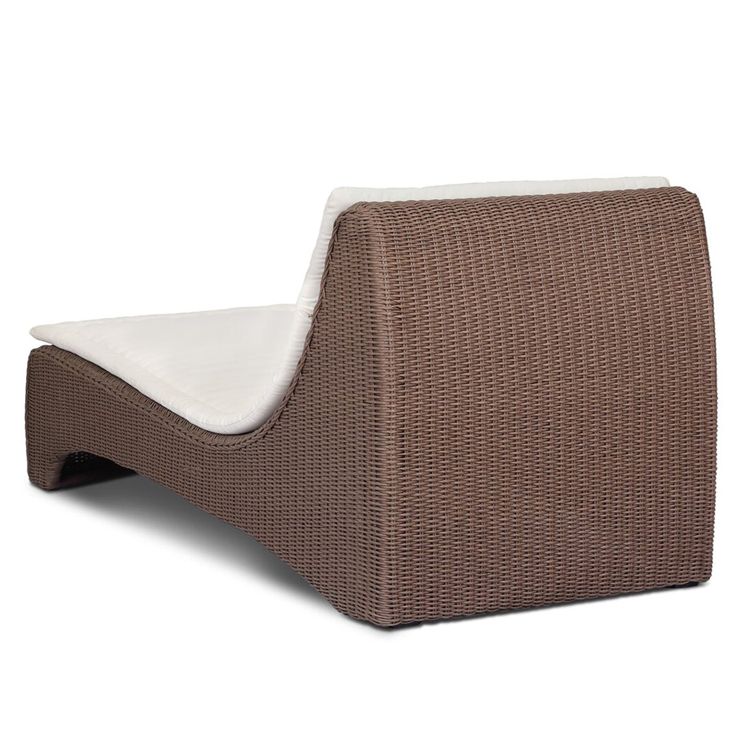 Four Hands Mazu Outdoor Chaise in tanned weave with salt cushion, close-up detail of woven base, view 4