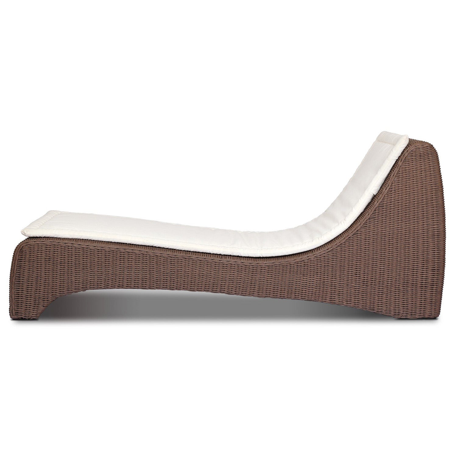 Four Hands Mazu Outdoor Chaise in tanned weave with salt cushion, side profile view