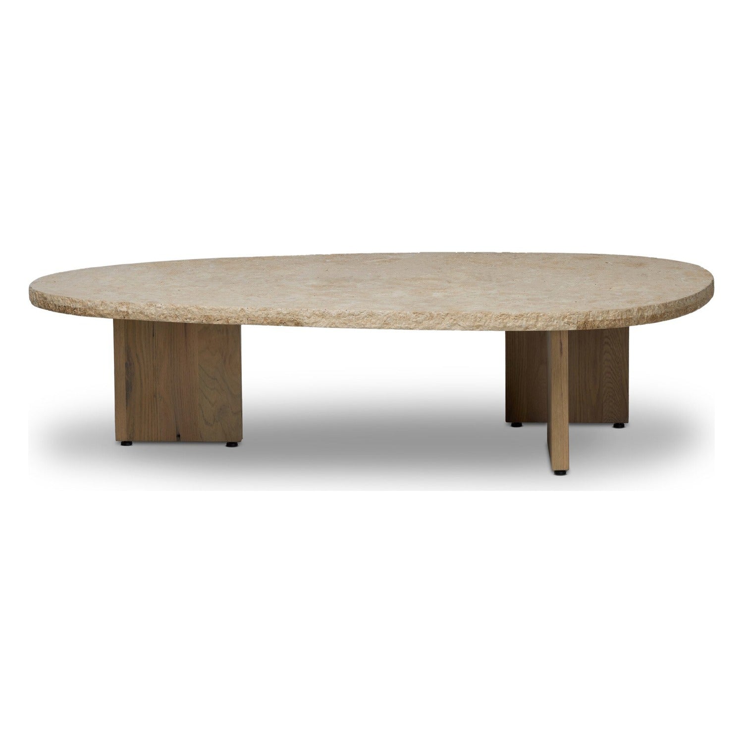 Four Hands Telma Chiseled Beige Lavastone Coffee Table with washed oak paddle legs, back view