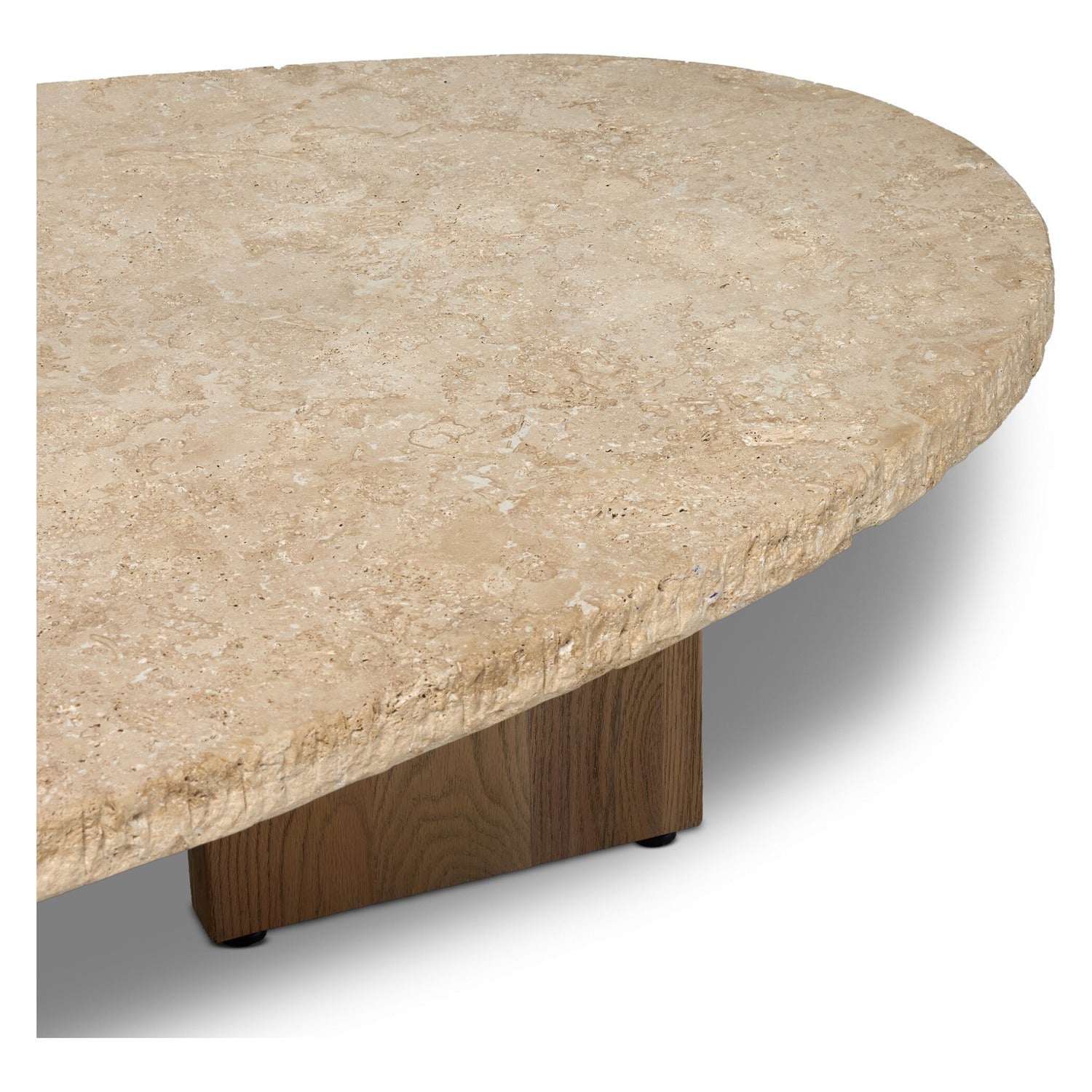 Four Hands Telma Chiseled Beige Lavastone Coffee Table with washed oak paddle legs, close-up detail of lavastone, view 1