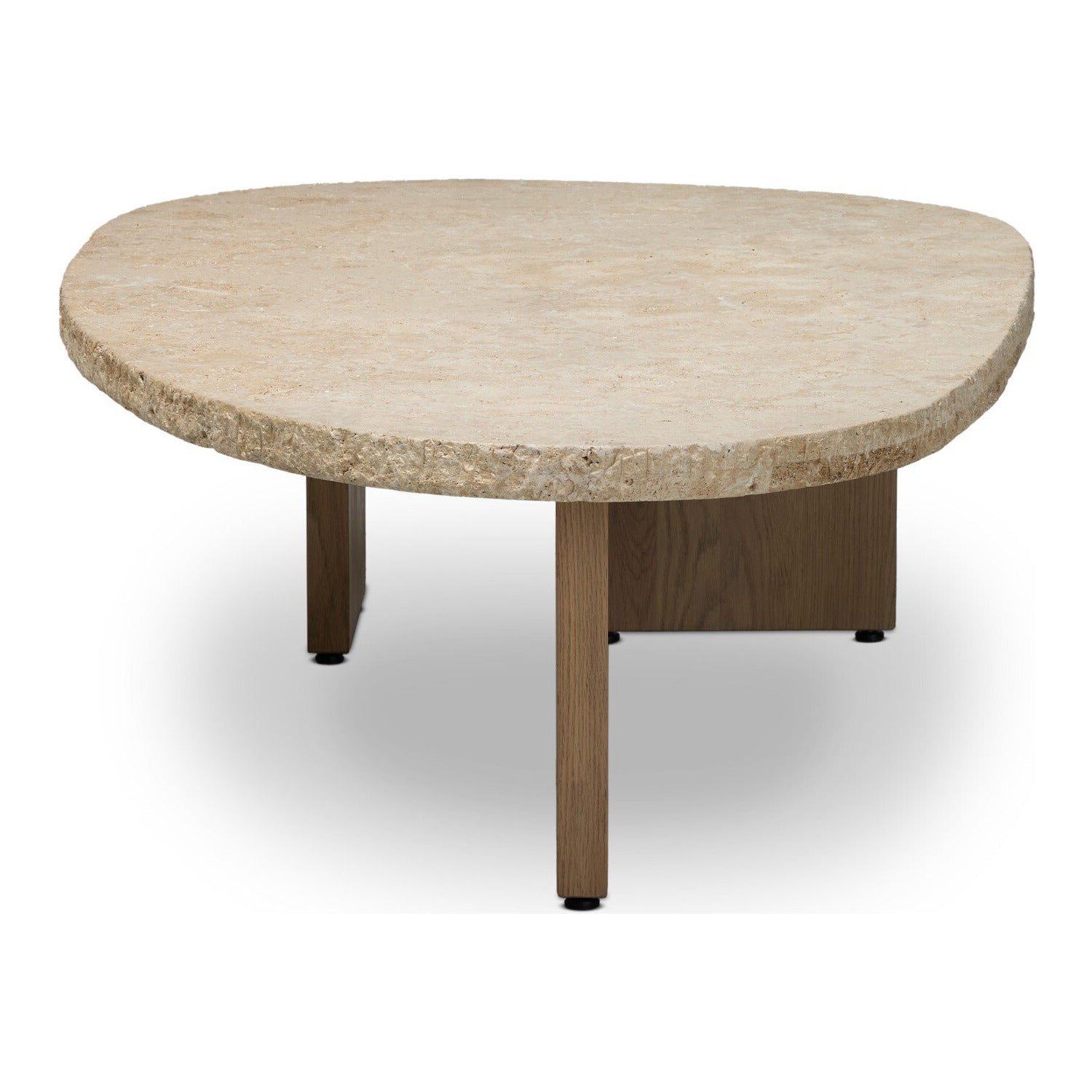 Four Hands Telma Chiseled Beige Lavastone Coffee Table with washed oak paddle legs, side profile view