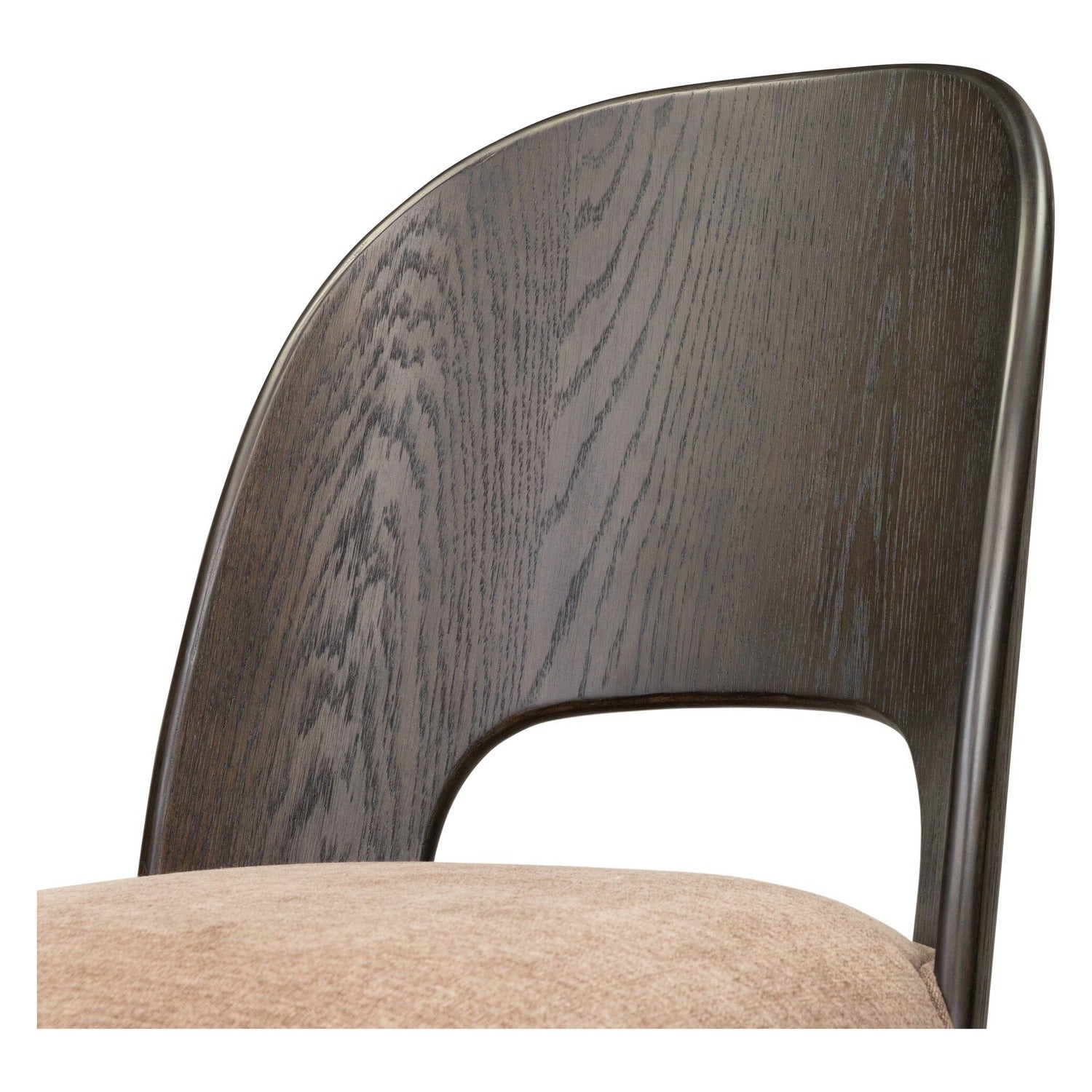 Four Hands Thorton Laughlin Café Dining Chair Set of 2 with smoked black oak veneer on bent legs, close-up detail of oak veneer, view 1
