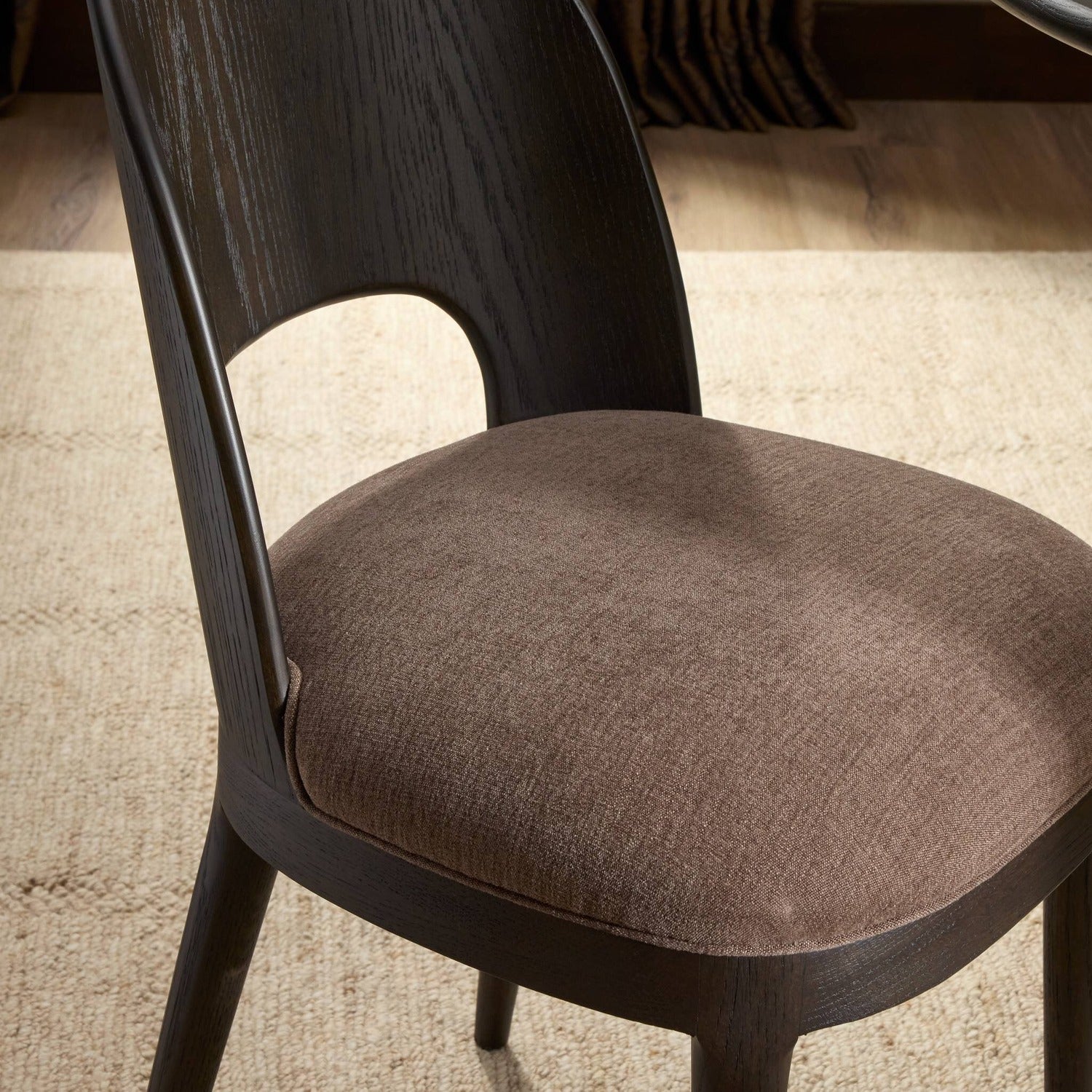Four Hands Thorton Laughlin Café Dining Chair Set of 2 with smoked black oak veneer on bent legs, alternate styled view
