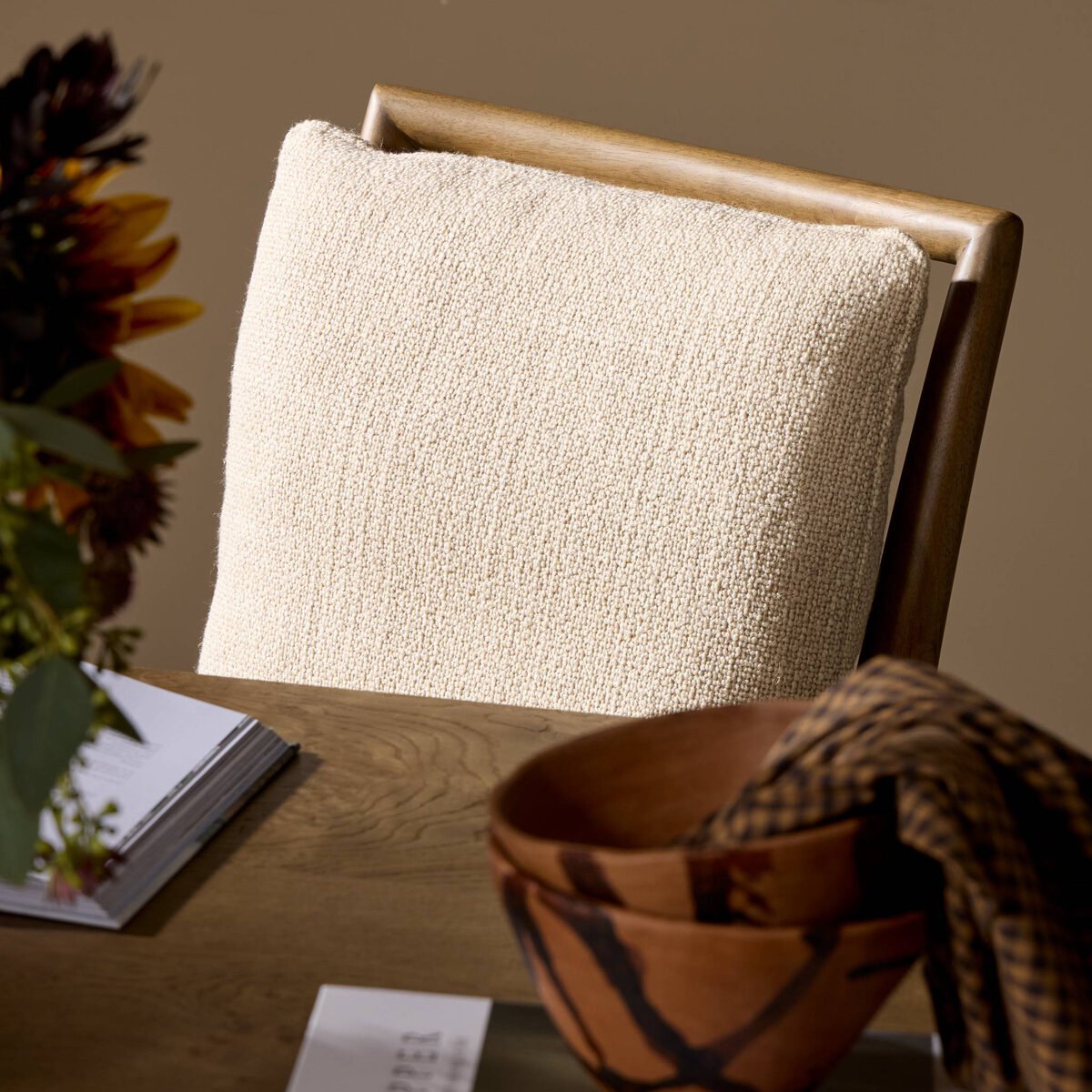 Four Hands Gallagher Irving Flax Dining Chair Set of 2 on amber parawood, close-up detail of fabric, view 1