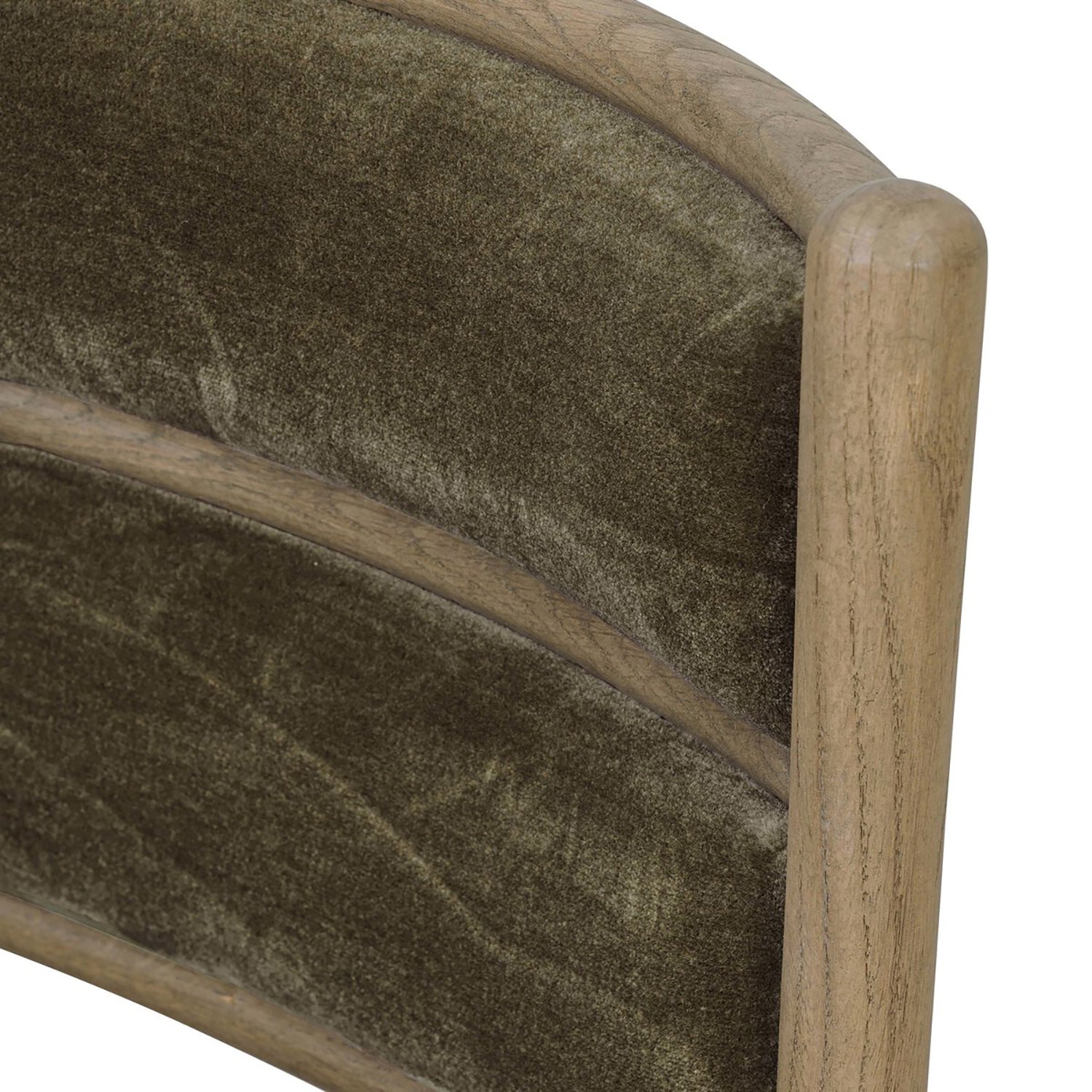 Four Hands Artie Wool Dining Chair in Monte Olive on drifted oak, close-up detail of tufted channeling, view 3