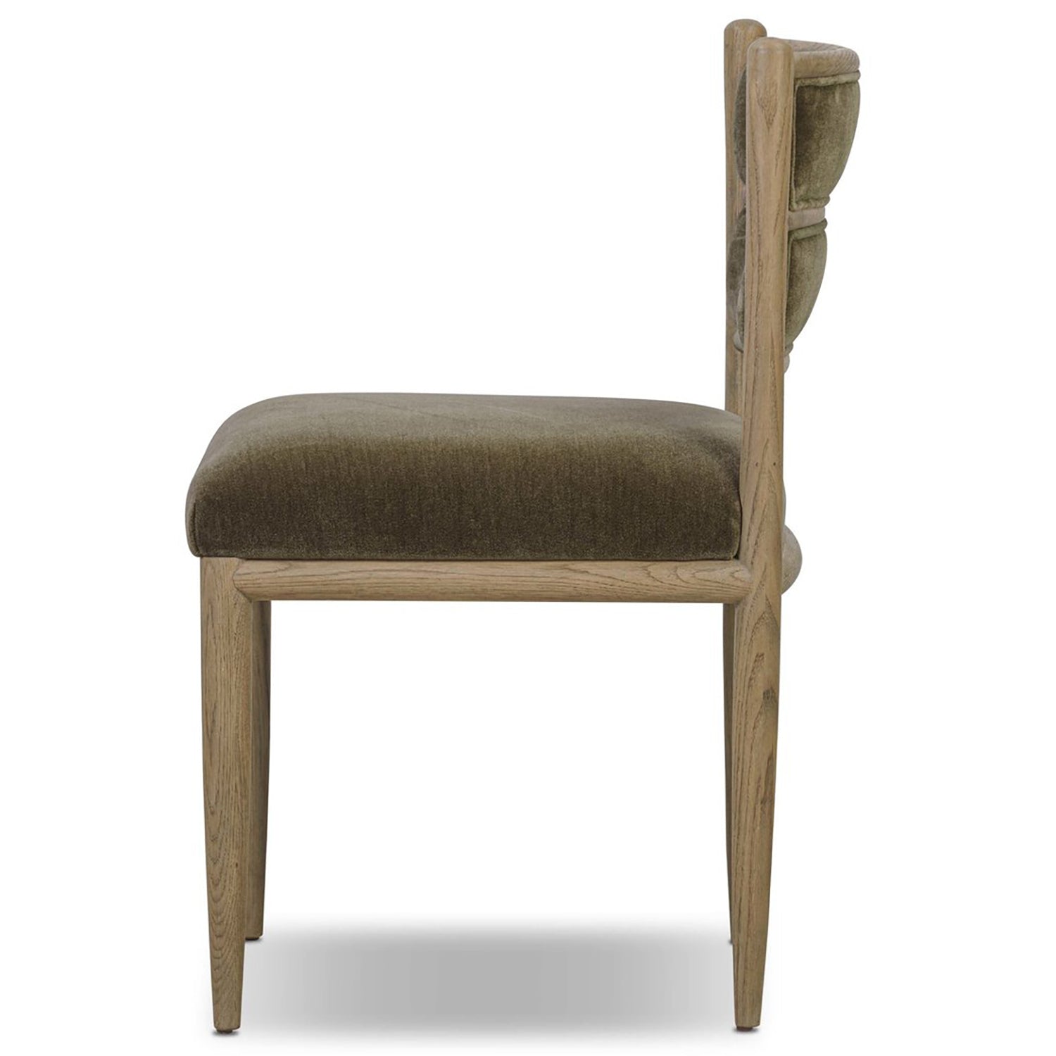 Four Hands Artie Wool Dining Chair in Monte Olive on drifted oak, side profile view
