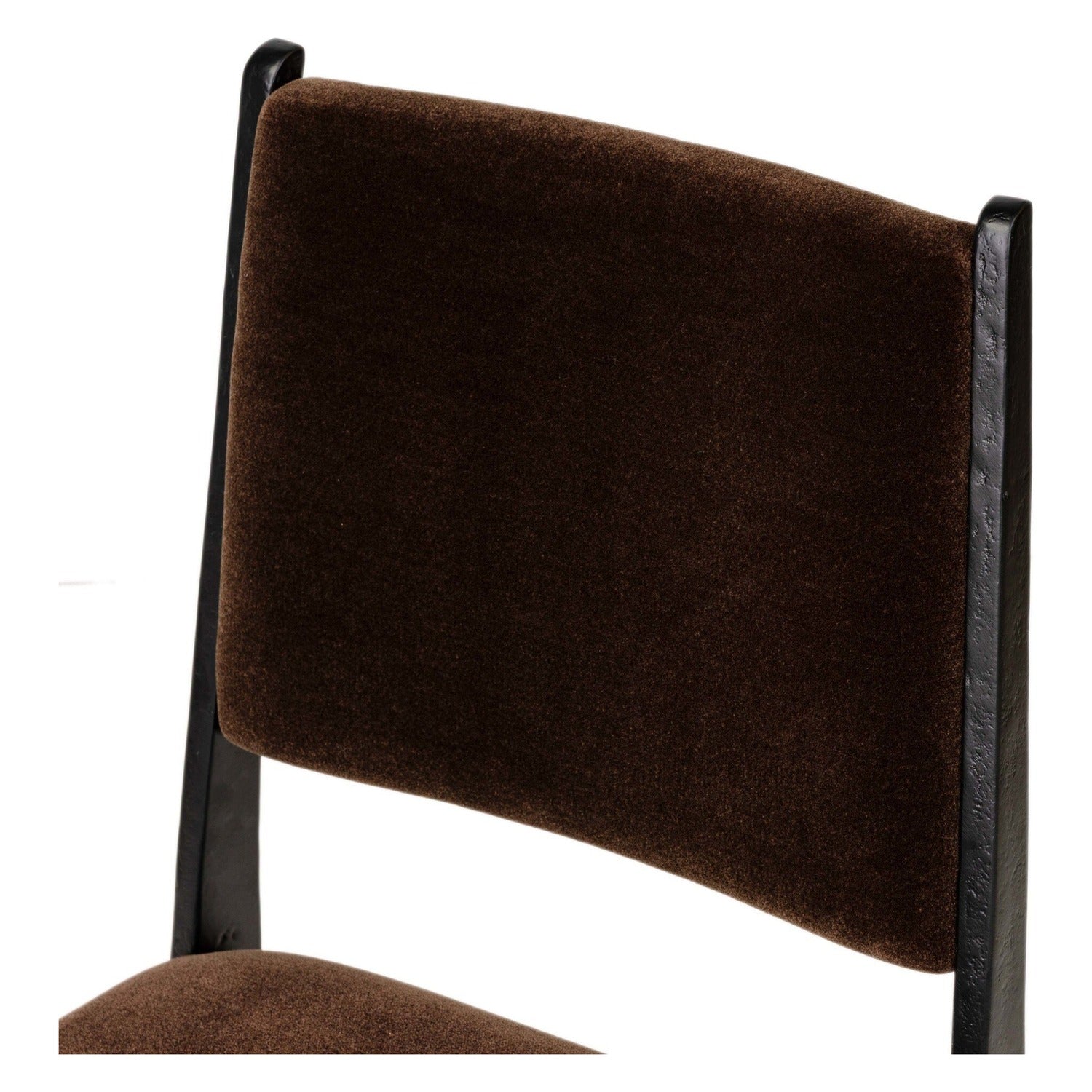 Four Hands Valeene Monte Chocolate Dining Chair Set of 2 on black cast aluminum, close-up detail of aluminum frame, view 1