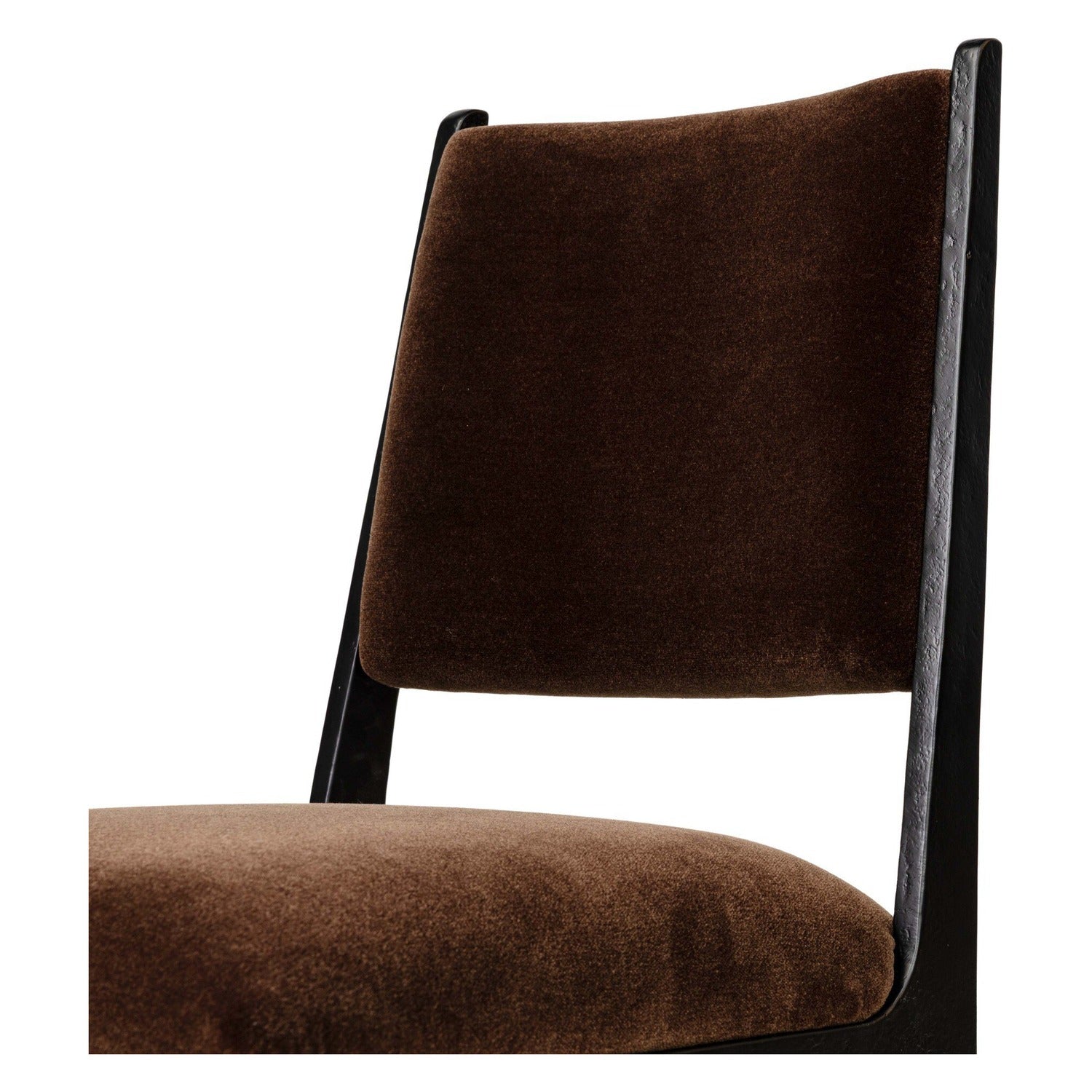 Four Hands Valeene Monte Chocolate Dining Chair Set of 2 on black cast aluminum, close-up detail of velvet, view 1