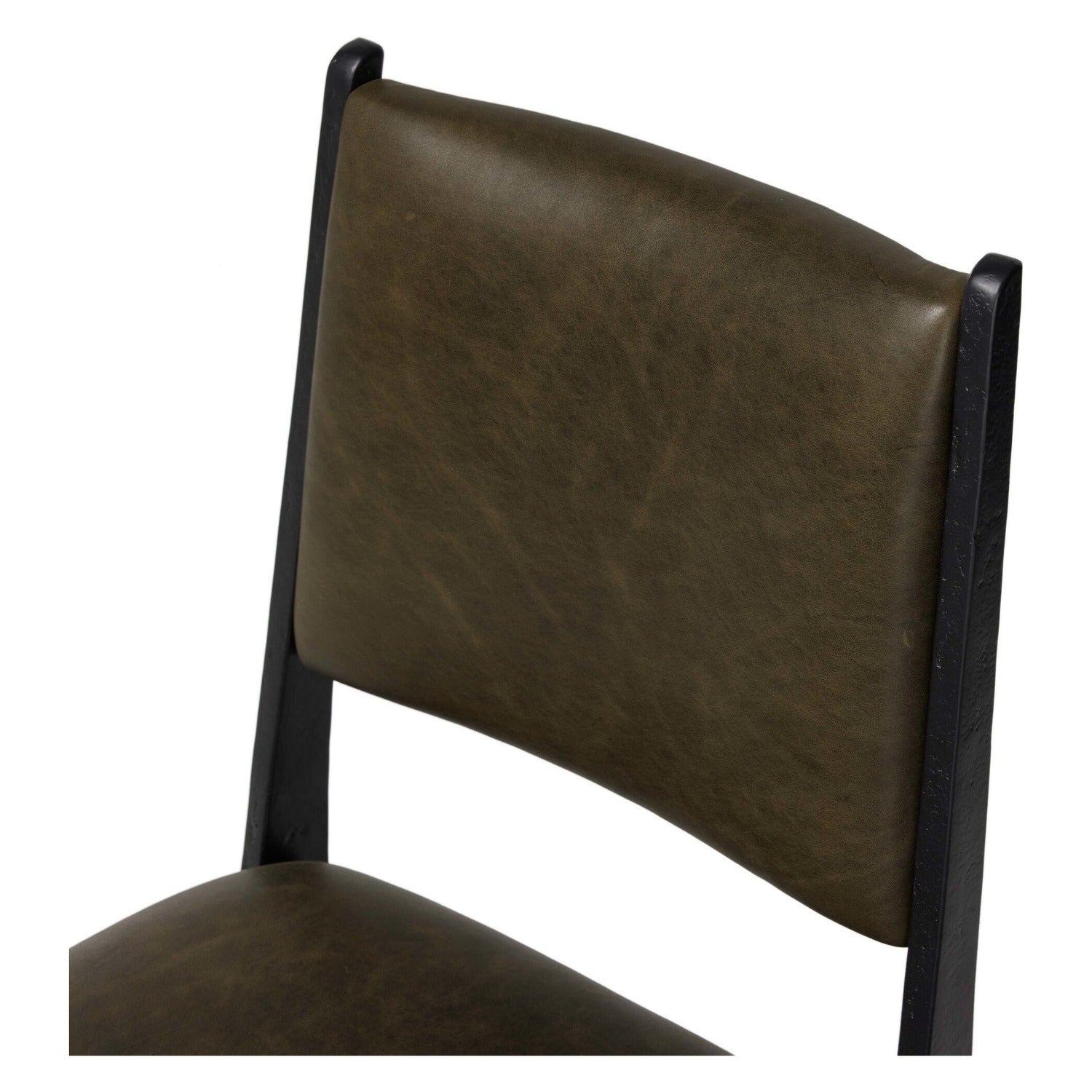 Four Hands Valeene Dulane Moss Dining Chair Set of 2 on black cast aluminum, close-up detail of leather, view 1