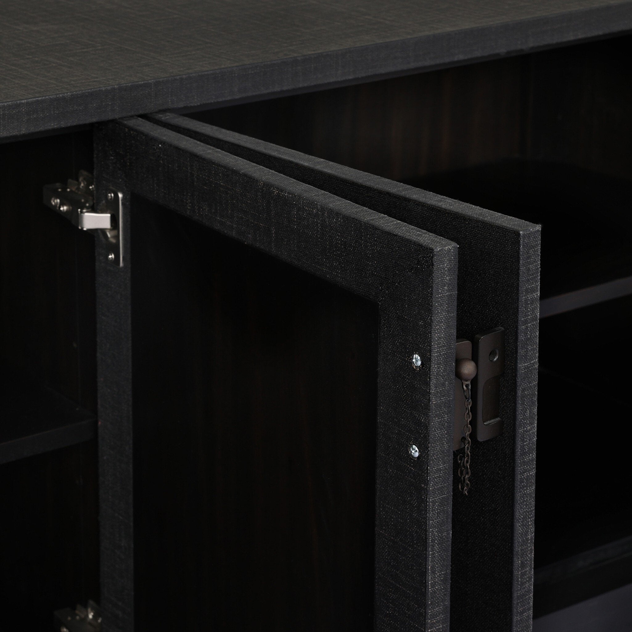 Four Hands Berlin Black Linen Media Console — hardware and joinery