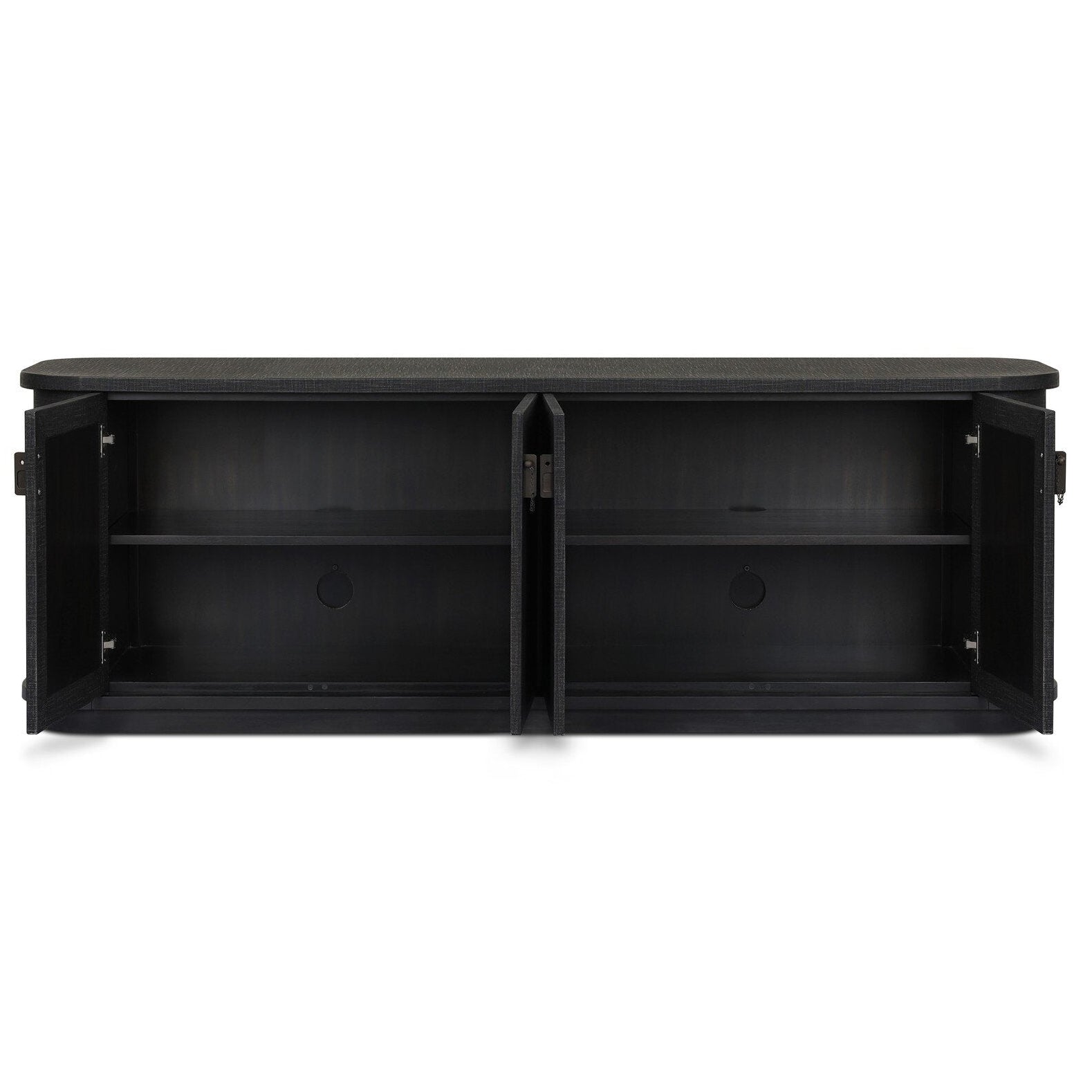 Four Hands Berlin Black Linen Media Console shown open