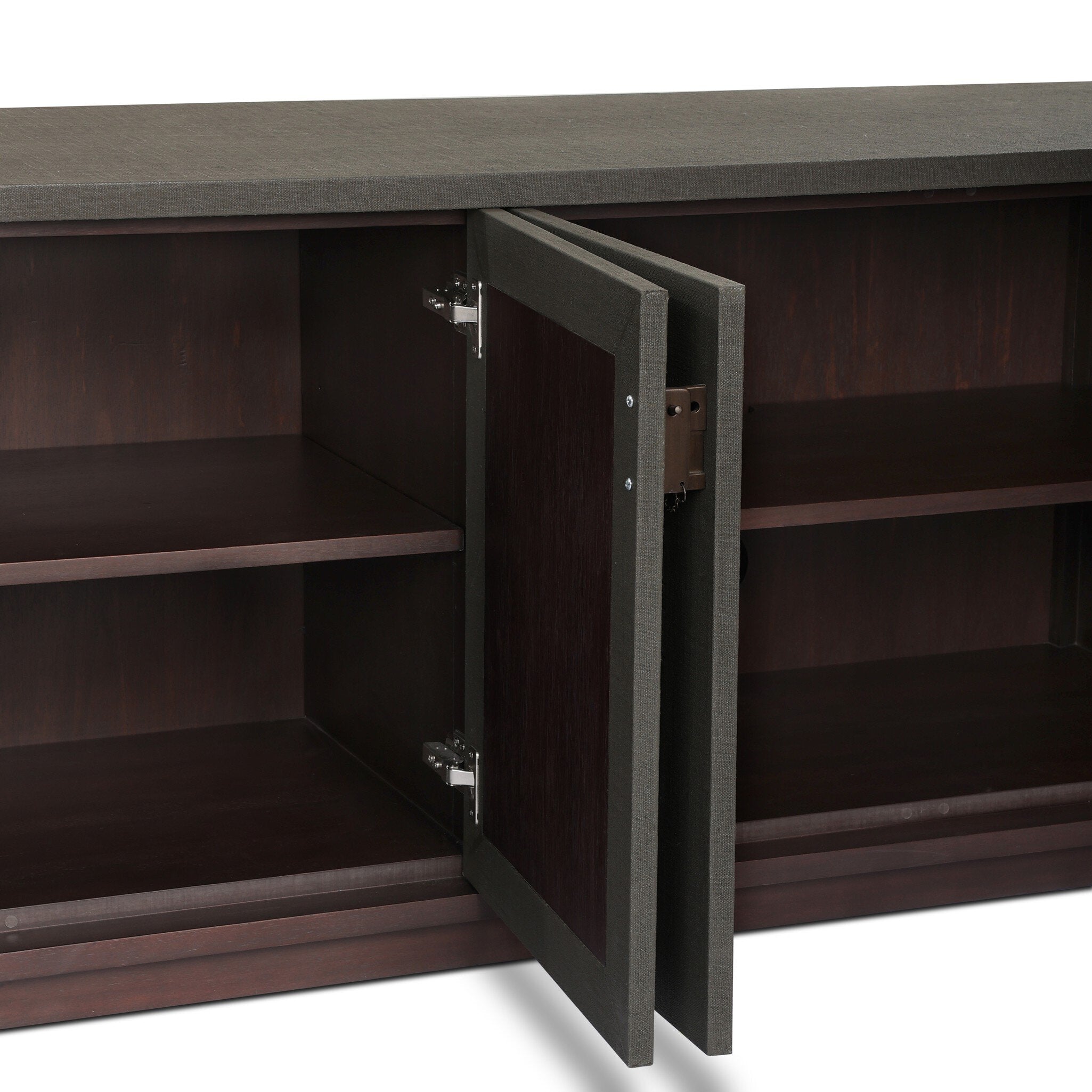 Four Hands Berlin Dark Green Lacquered Linen Media Console — Umber Mahogany Veneer