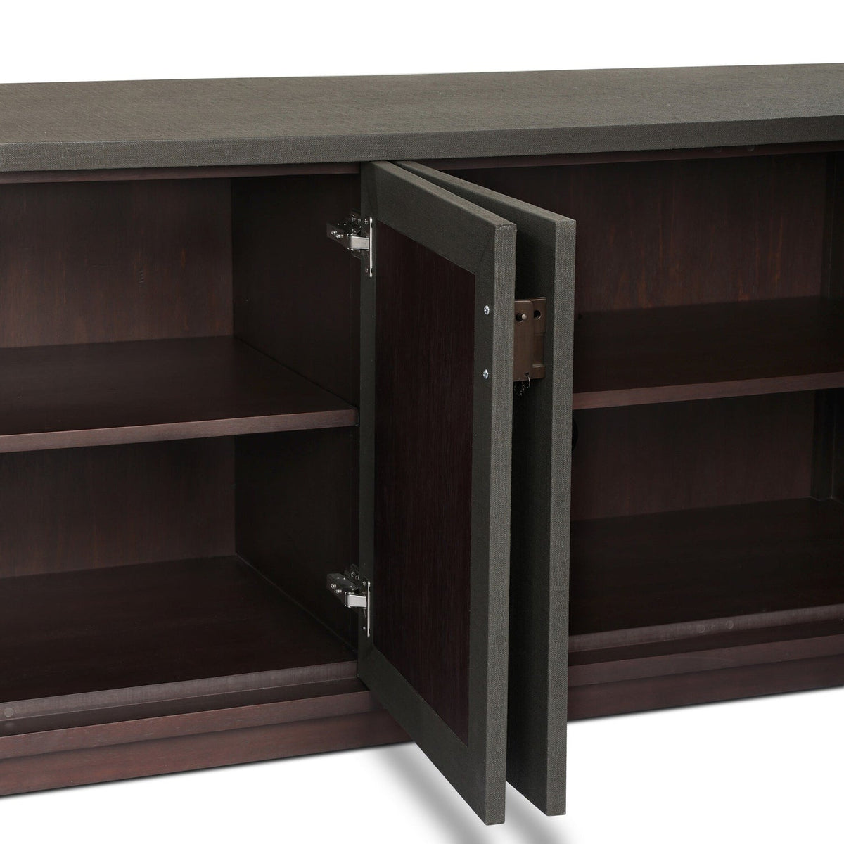 Four Hands Berlin Dark Green Lacquered Linen Media Console — Umber Mahogany Veneer