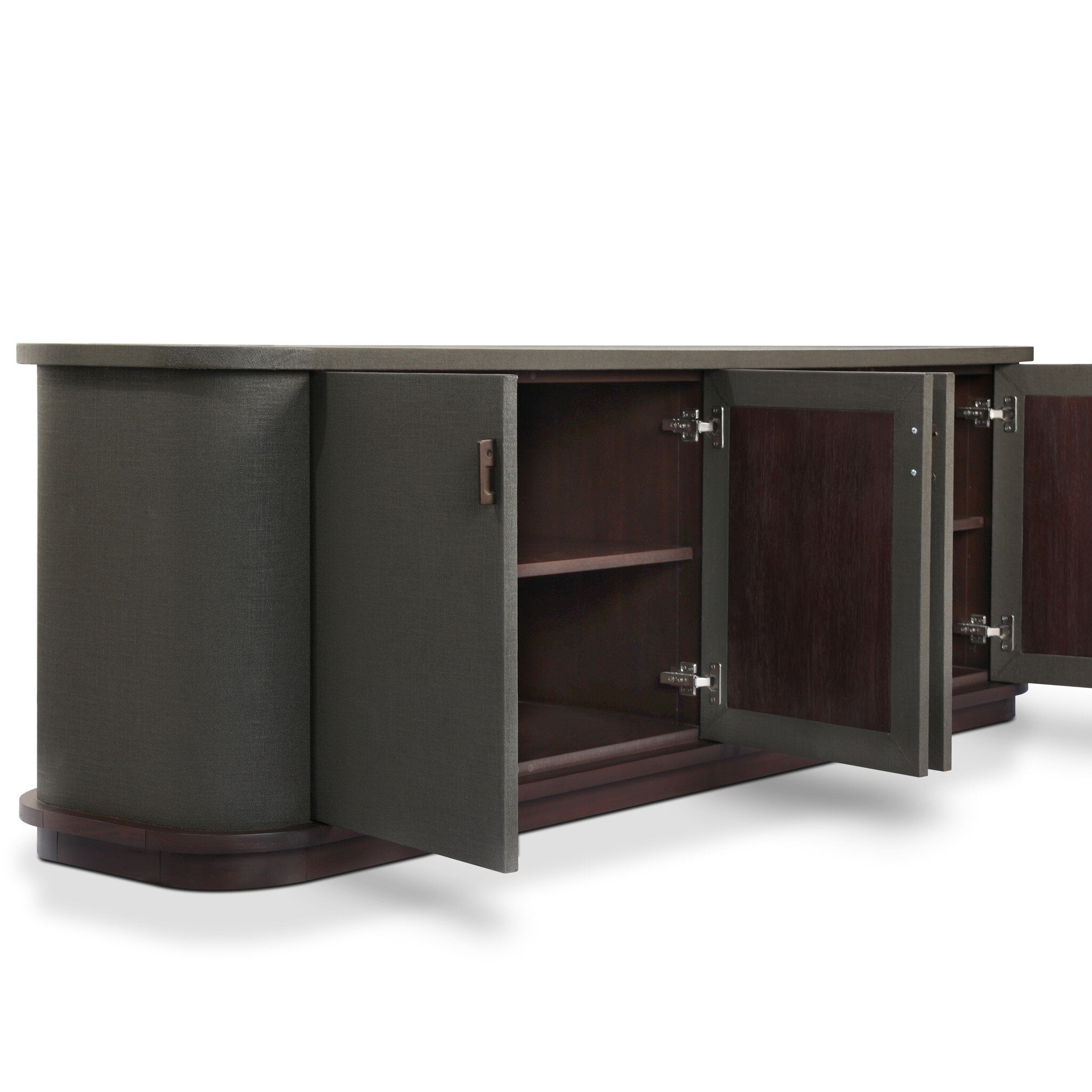 Four Hands Berlin Dark Green Lacquered Linen Media Console — finish and texture