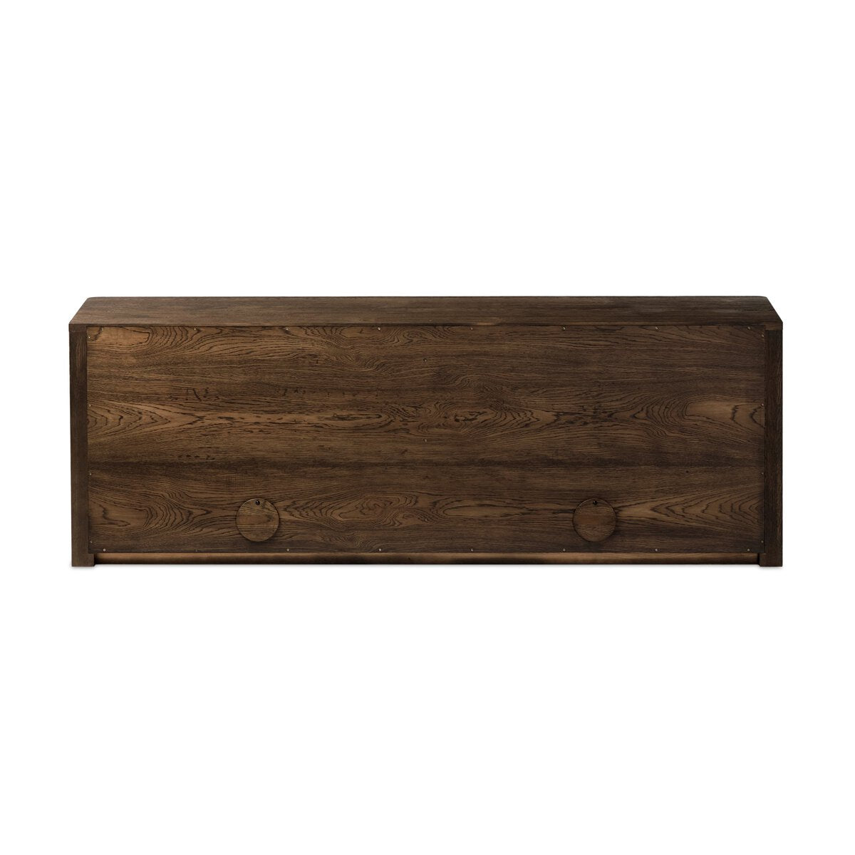 Four Hands Arthur Media Console in tobacco oak, back view showing cord cutouts