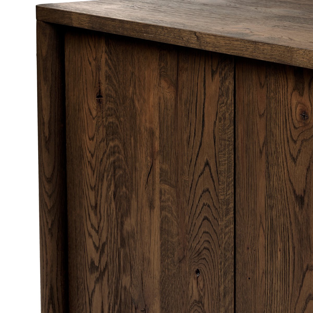 Four Hands Arthur Media Console in tobacco oak, close-up detail of oak grain, view 1