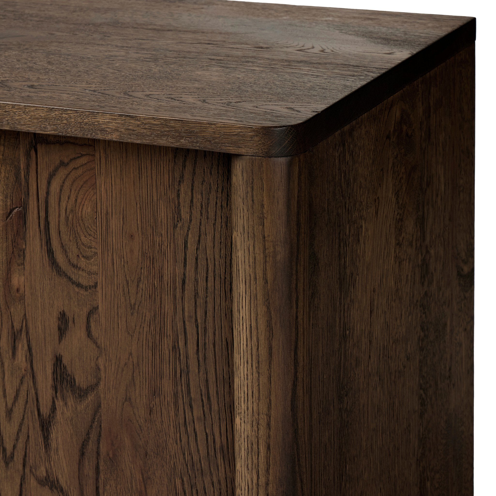 Four Hands Arthur Media Console in tobacco oak, close-up detail of oak grain, view 3