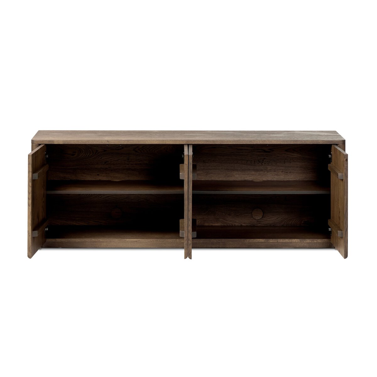 Four Hands Arthur Media Console in tobacco oak, interior with doors open