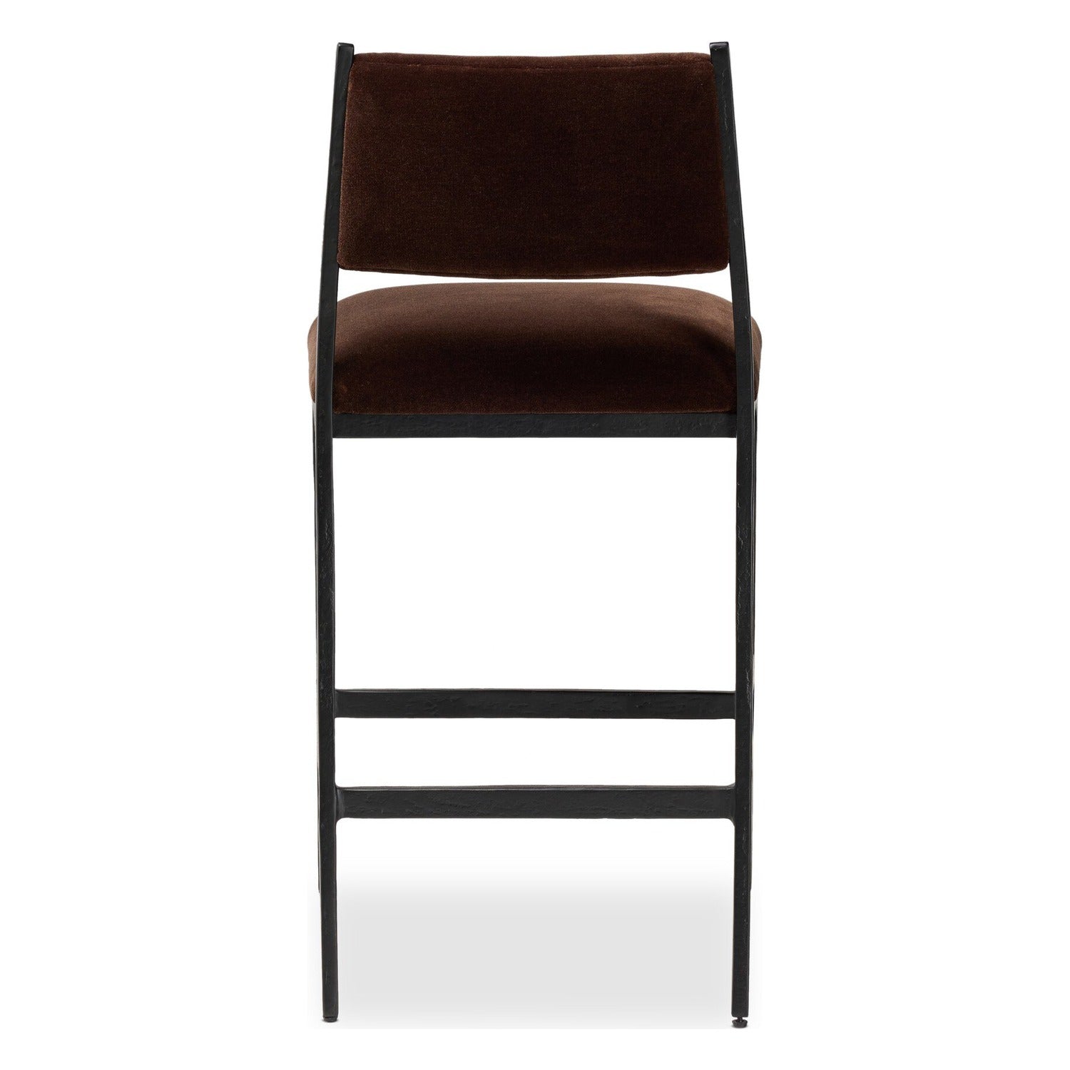 Four Hands Valeene Monte Chocolate Counter Stool Set of 2 on black cast aluminum, back view