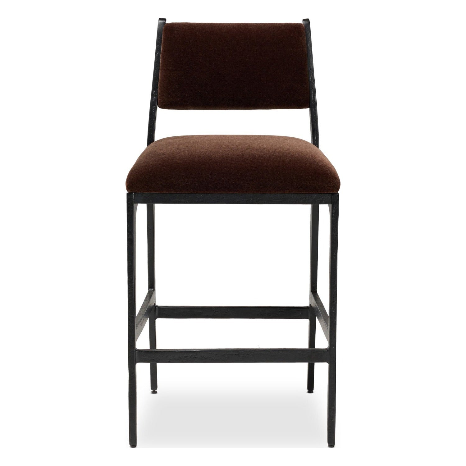 Four Hands Valeene Monte Chocolate Counter Stool Set of 2 on black cast aluminum, front view