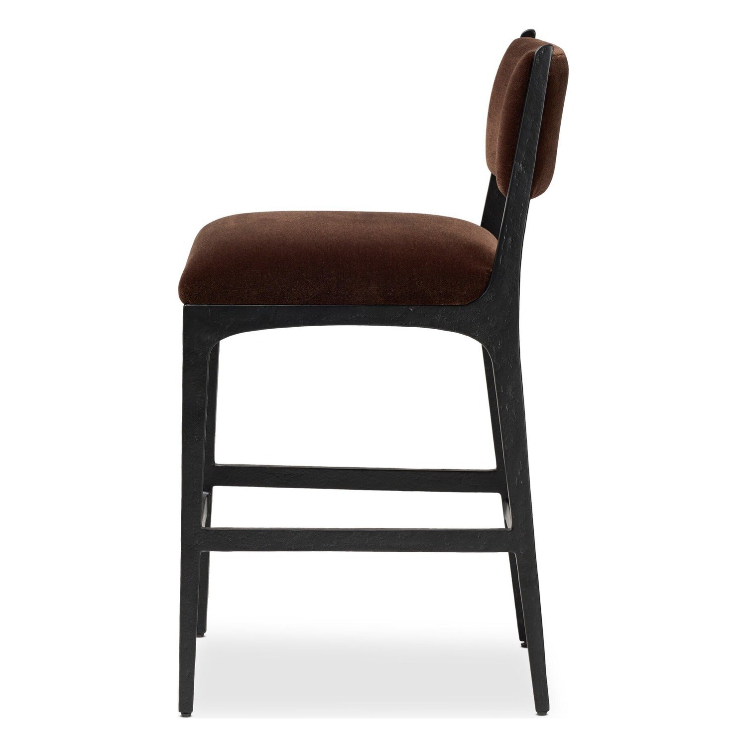 Four Hands Valeene Monte Chocolate Counter Stool Set of 2 on black cast aluminum, side profile view
