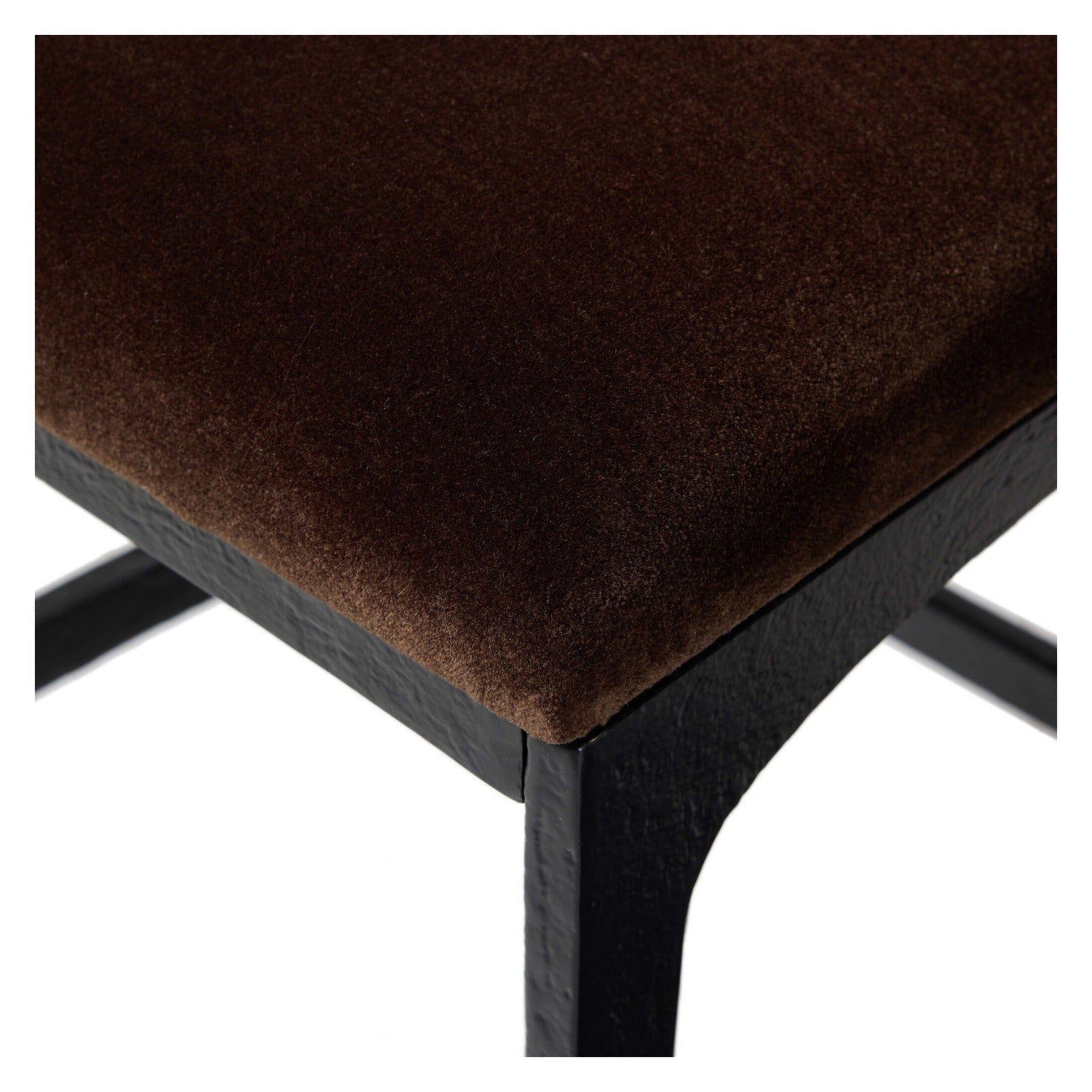Four Hands Valeene Monte Chocolate Bar Stool Set of 2 on black cast aluminum, close-up detail of aluminum frame, view 1