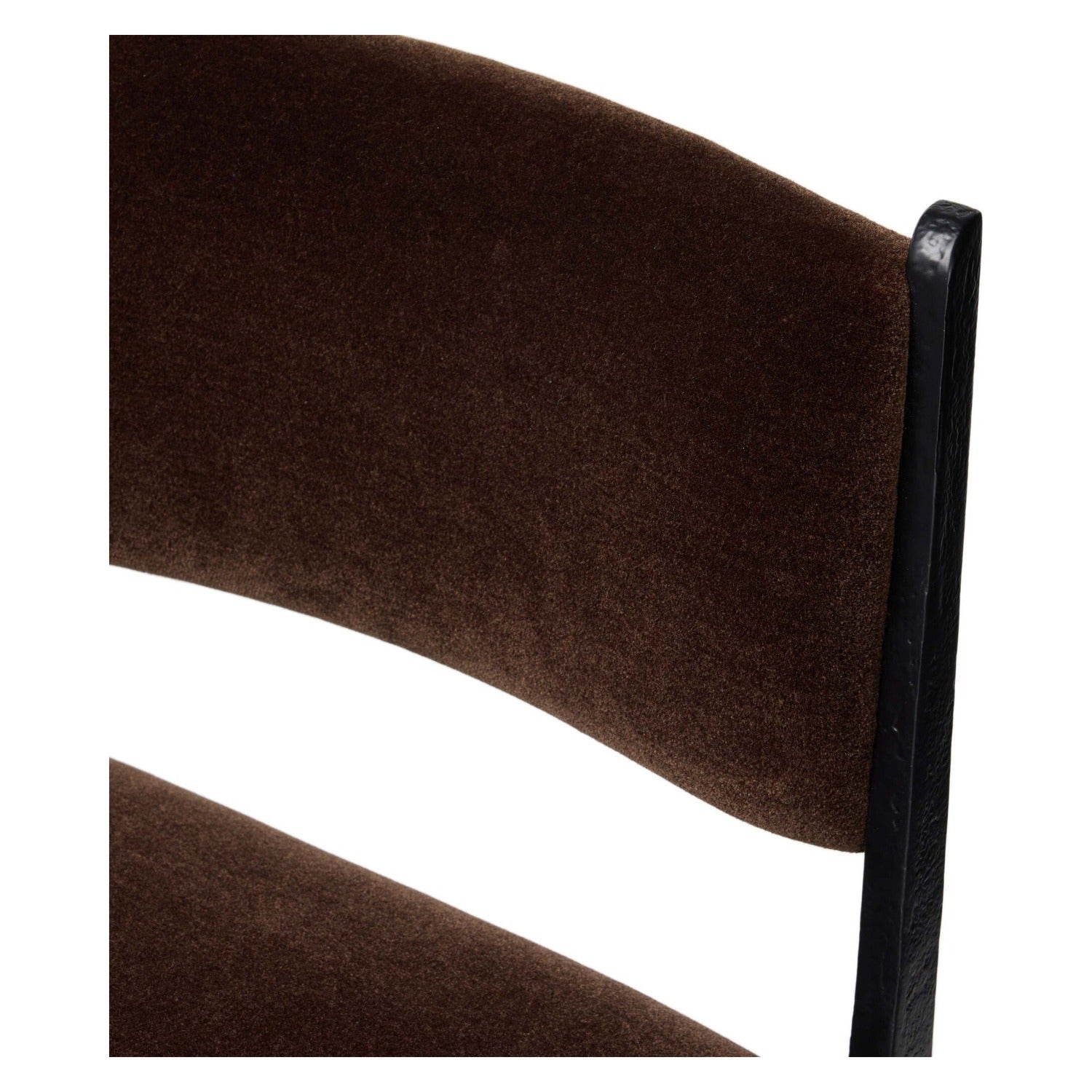 Four Hands Valeene Monte Chocolate Bar Stool Set of 2 on black cast aluminum, close-up detail of velvet, view 2
