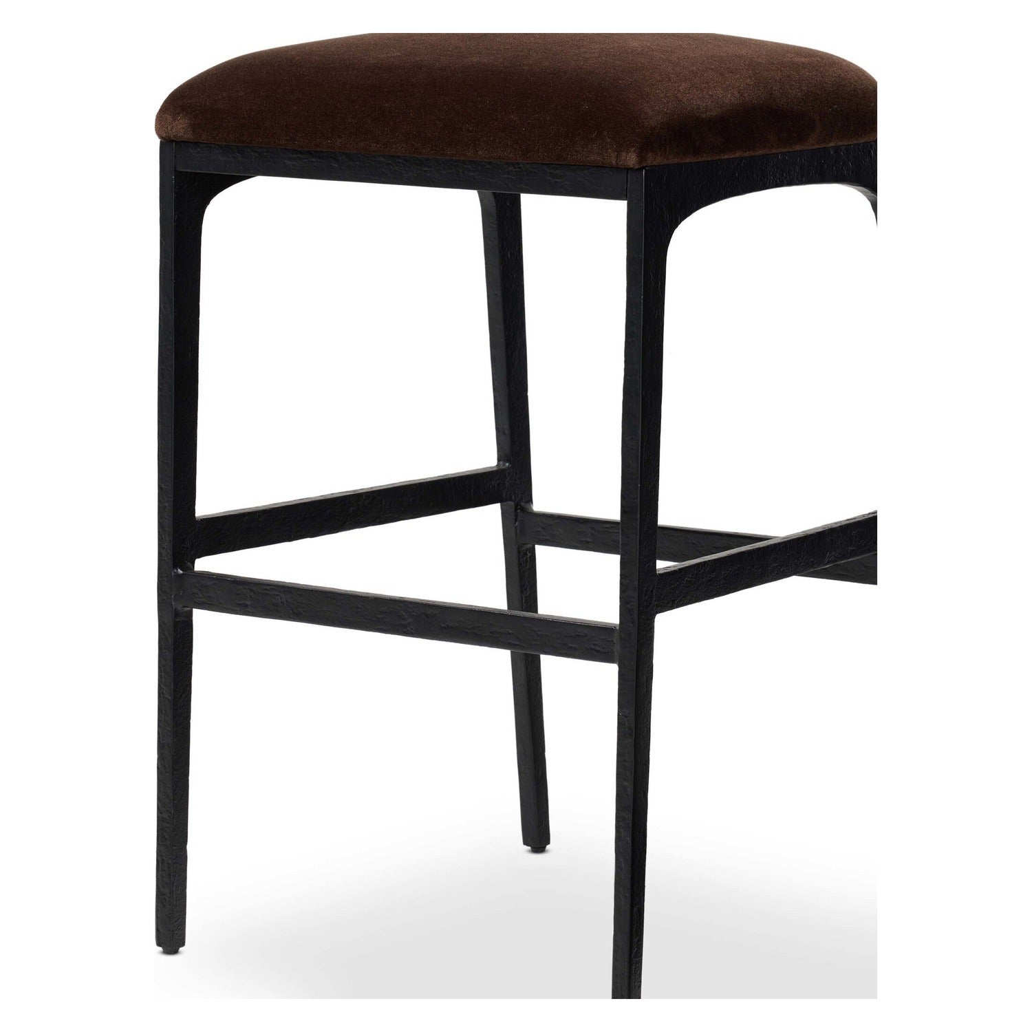 Four Hands Valeene Monte Chocolate Bar Stool Set of 2 on black cast aluminum, close-up detail of velvet, view 1
