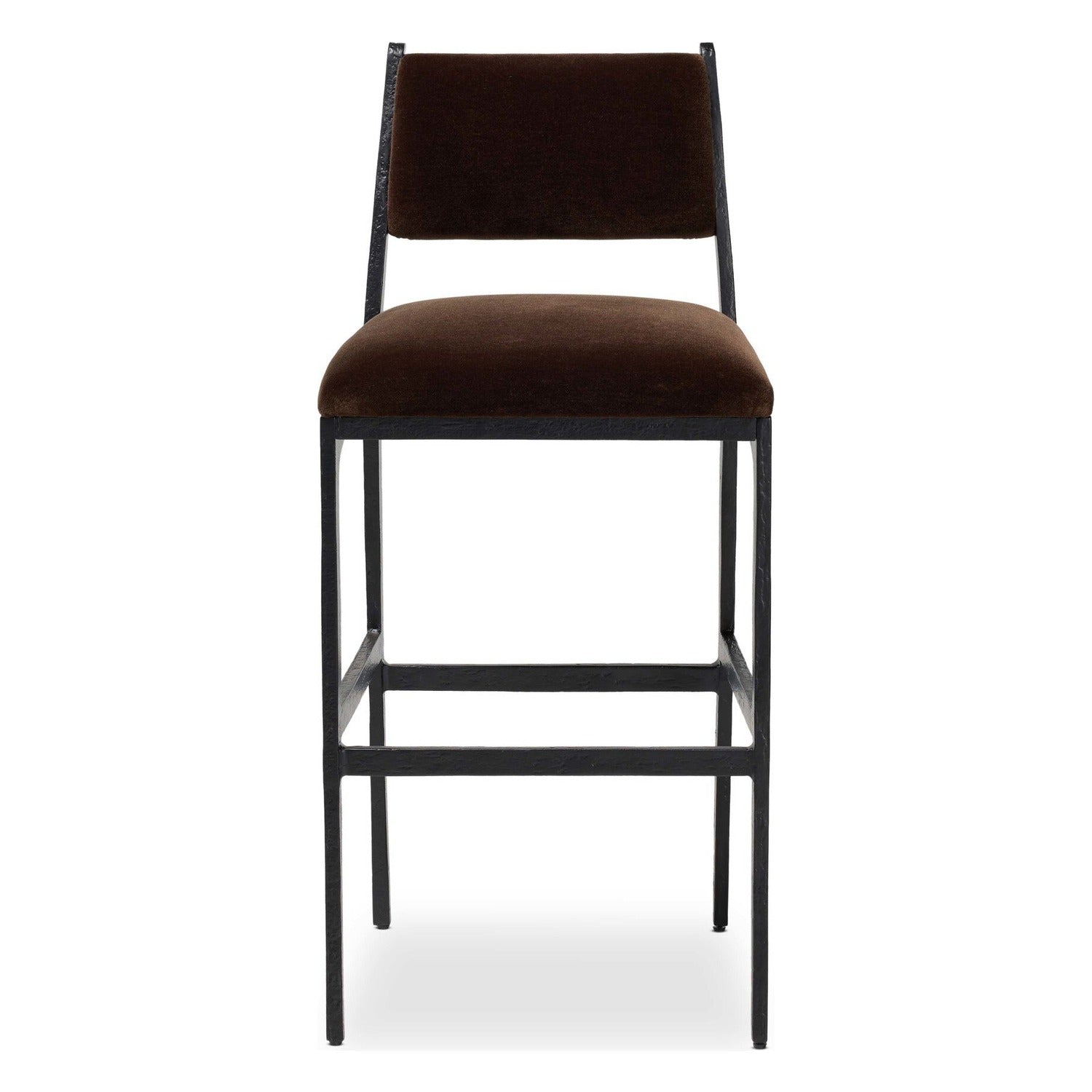 Four Hands Valeene Monte Chocolate Bar Stool Set of 2 on black cast aluminum, front view