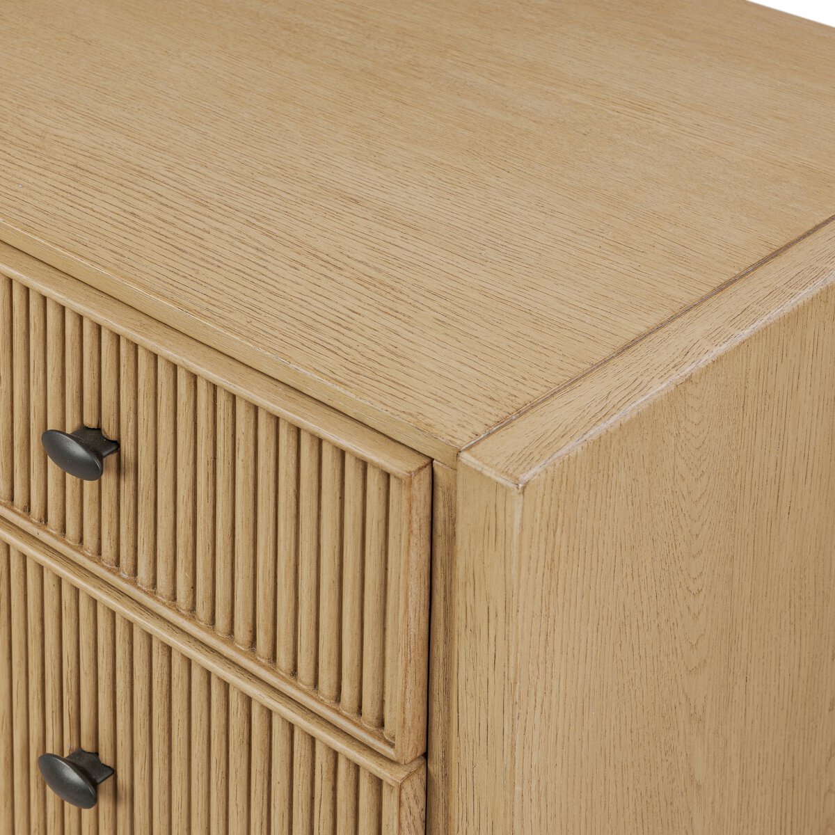 Four Hands Hazel 6 Drawer Dresser in light wash oak with reeded fronts, close-up detail of reeding, view 4