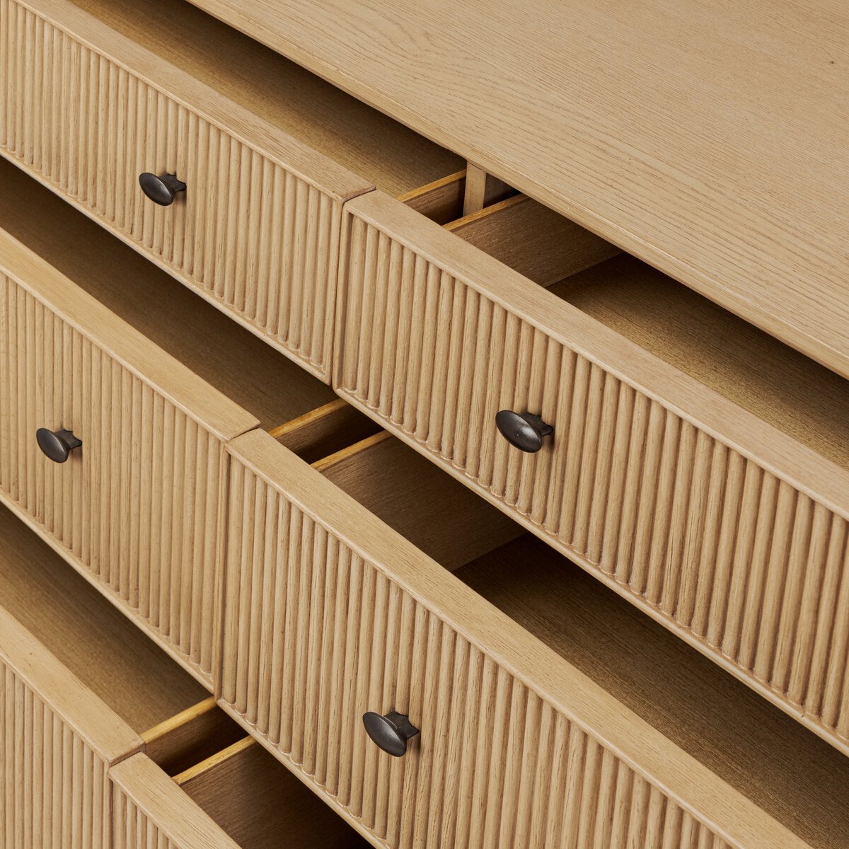 Four Hands Hazel 6 Drawer Dresser in light wash oak with reeded fronts, close-up detail of reeding, view 6