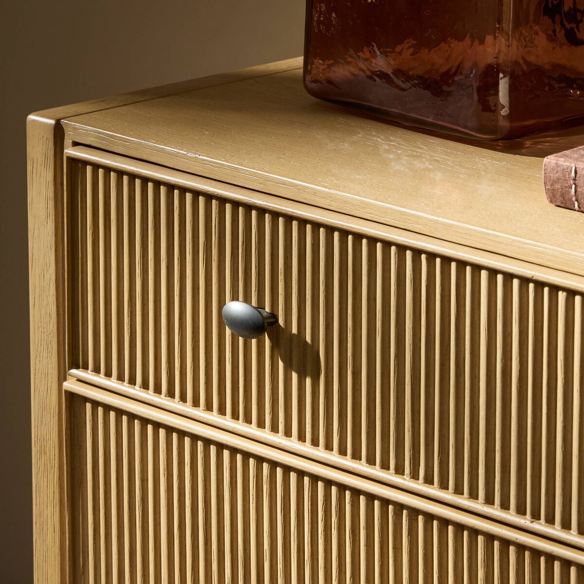 Four Hands Hazel 6 Drawer Dresser in light wash oak with reeded fronts, close-up detail of reeding, view 1