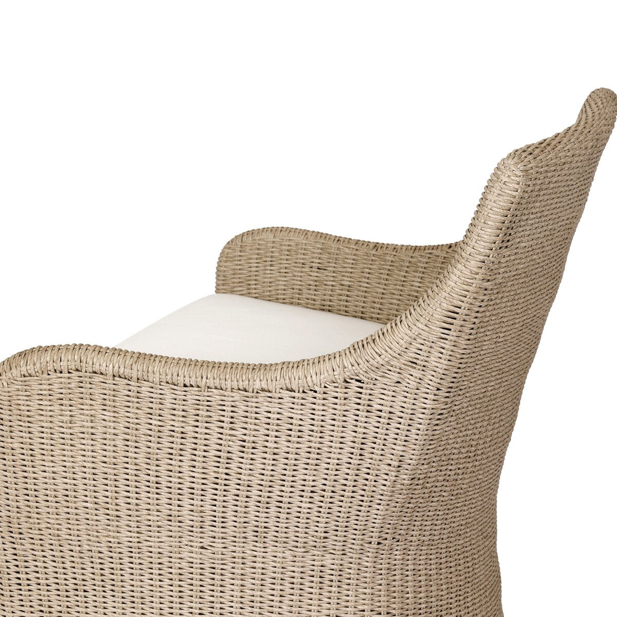 Four Hands Blaire Outdoor Chair in vintage white woven with salt cushion, close-up detail, view 2