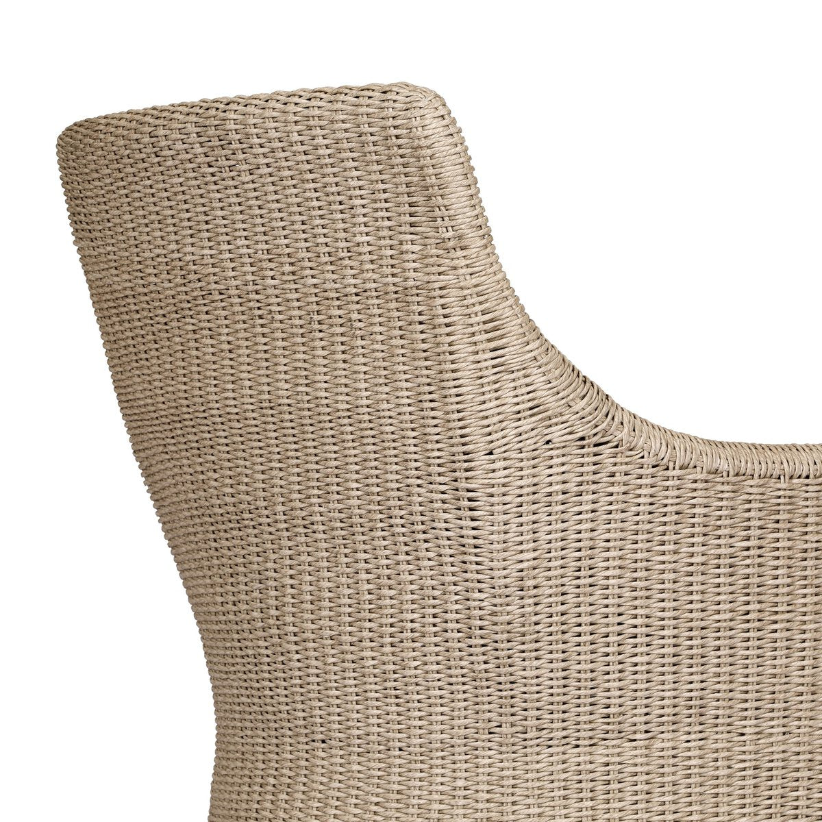 Four Hands Blaire Outdoor Chair in vintage white woven with salt cushion, close-up detail, view 3