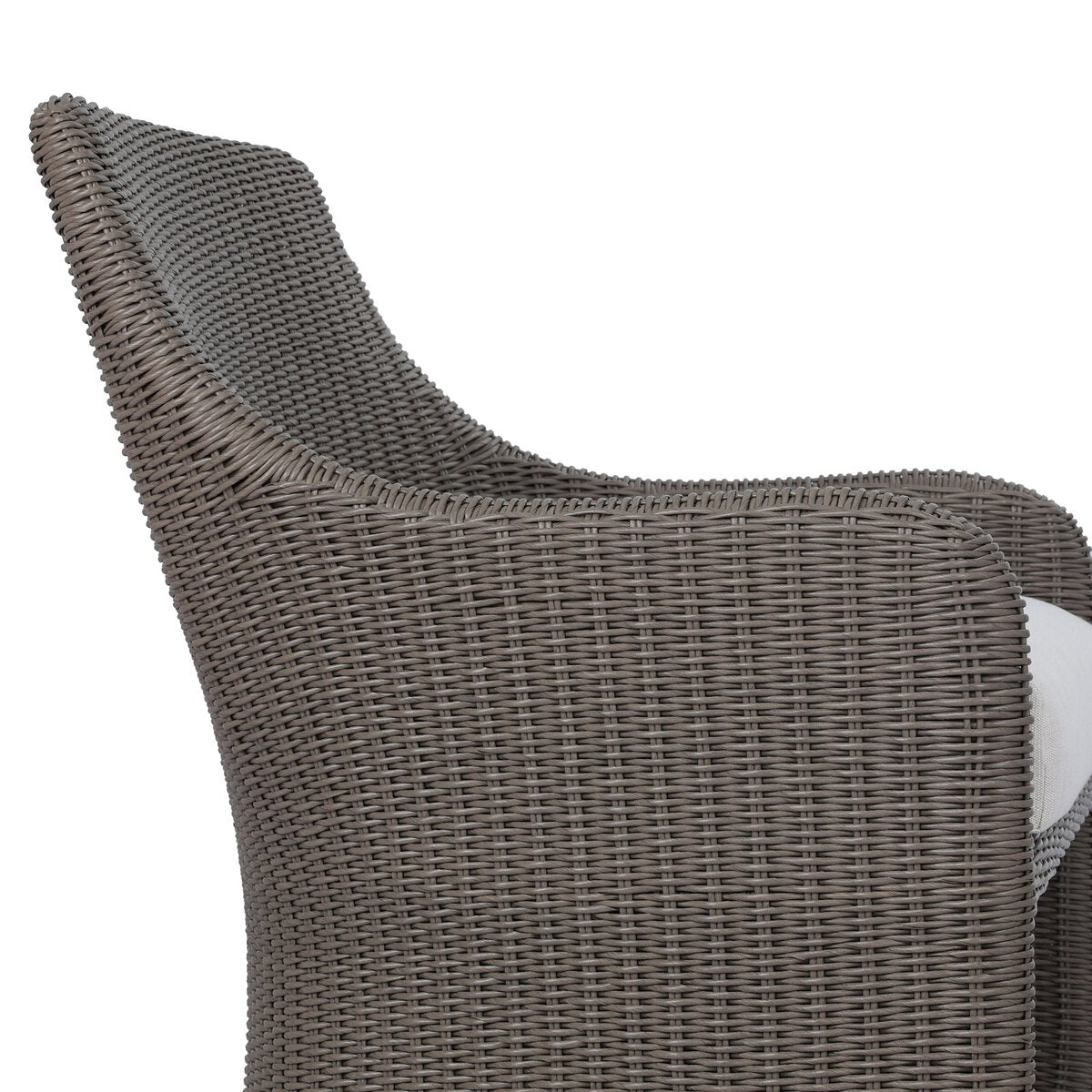 Four Hands Blaire Outdoor Chair in vintage taupe woven with cream cushion, close-up detail, view 2