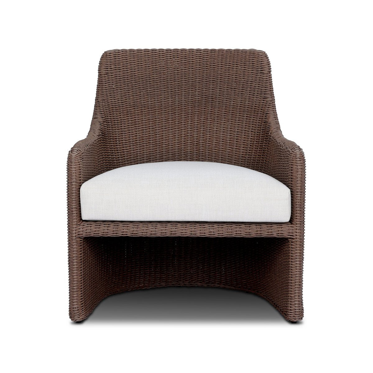 Four Hands Blaire Outdoor Chair in tanned woven with cream cushion, front view
