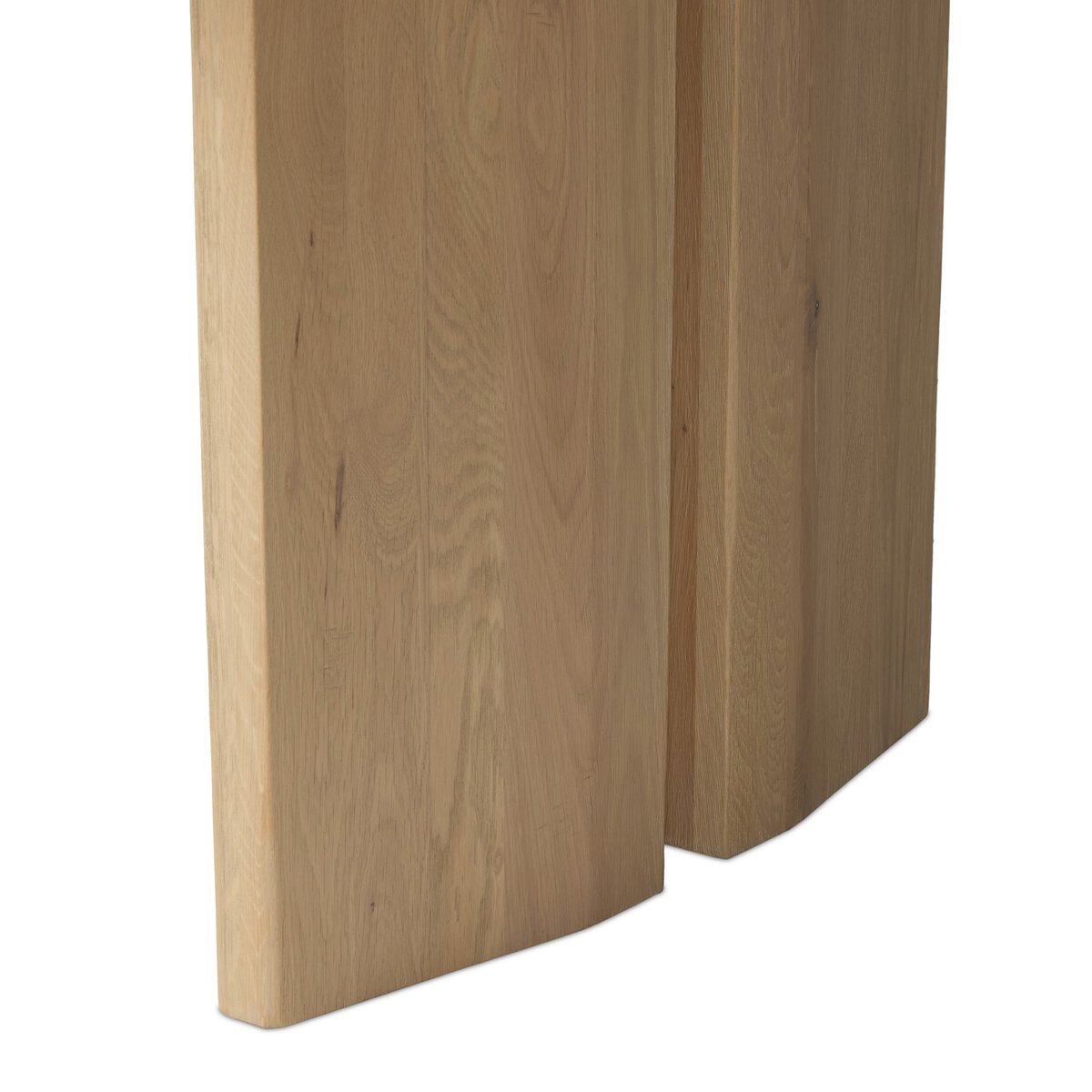 Four Hands Emerald Dining Table in bleached Romanian oak with splice leg detail, close-up detail of splice leg, view 2
