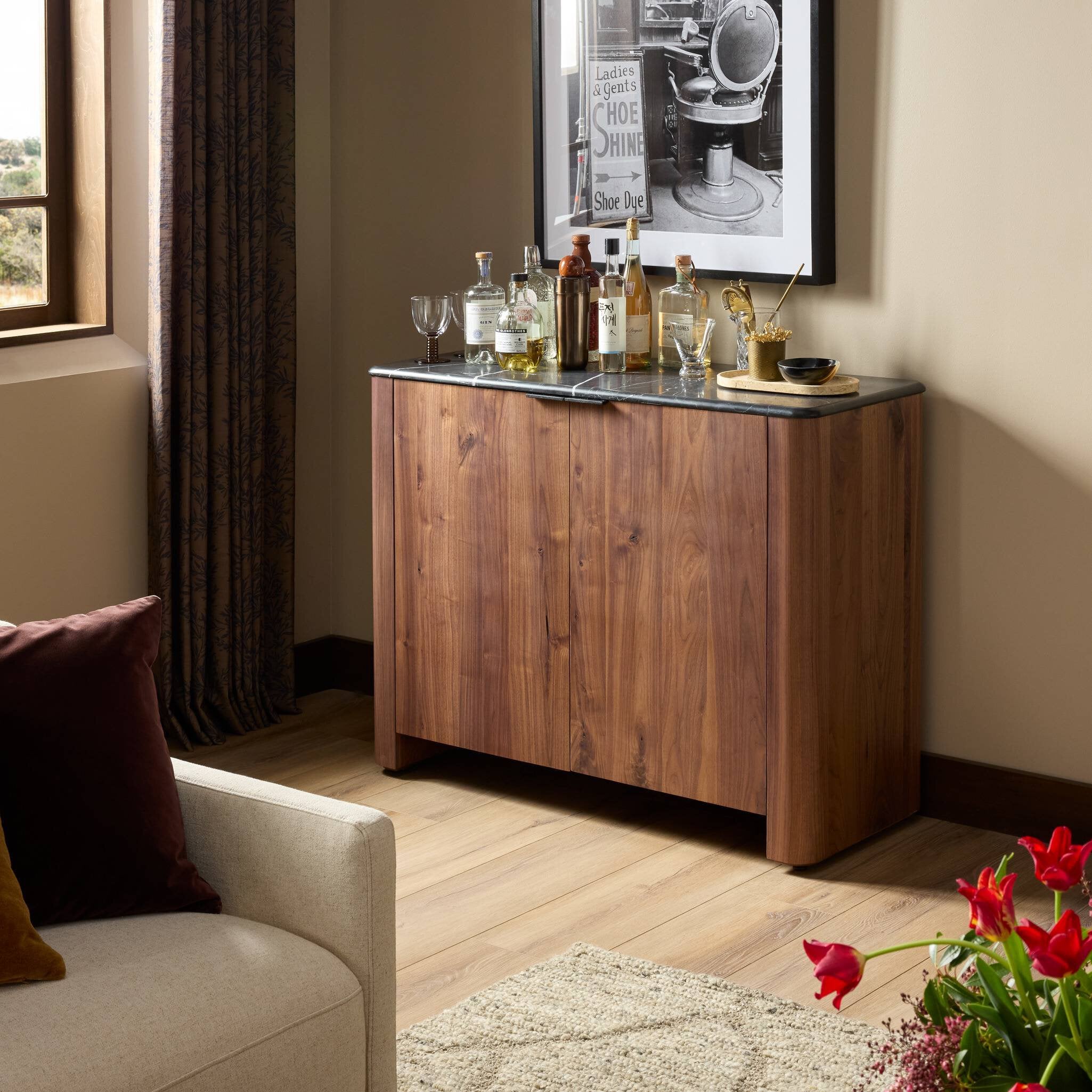 Four Hands Tatum Walnut Natural Small Cabinet styled in a room setting