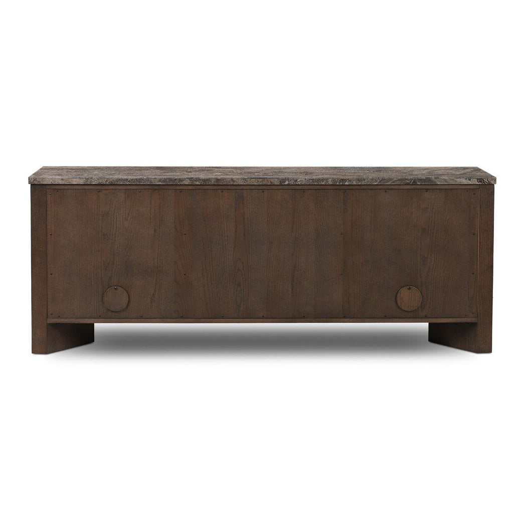 Four Hands Lawson Media Console in brown oak veneer with warm grey marble top, back view showing cord cutouts
