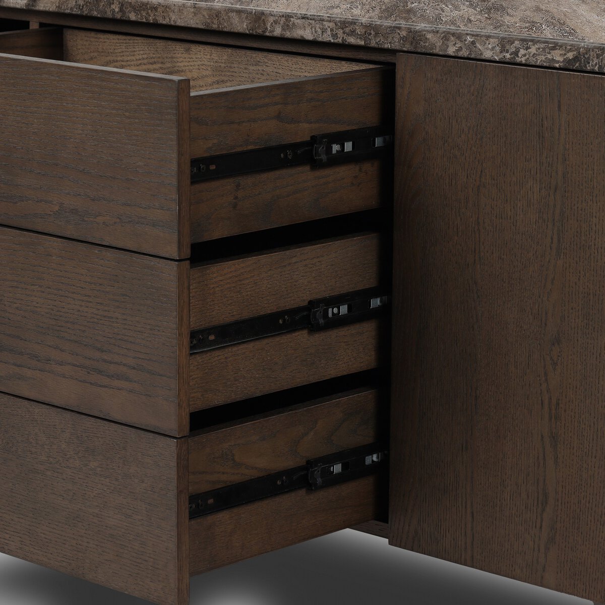 Four Hands Lawson Media Console in brown oak veneer with warm grey marble top, close-up detail of oak veneer, view 1