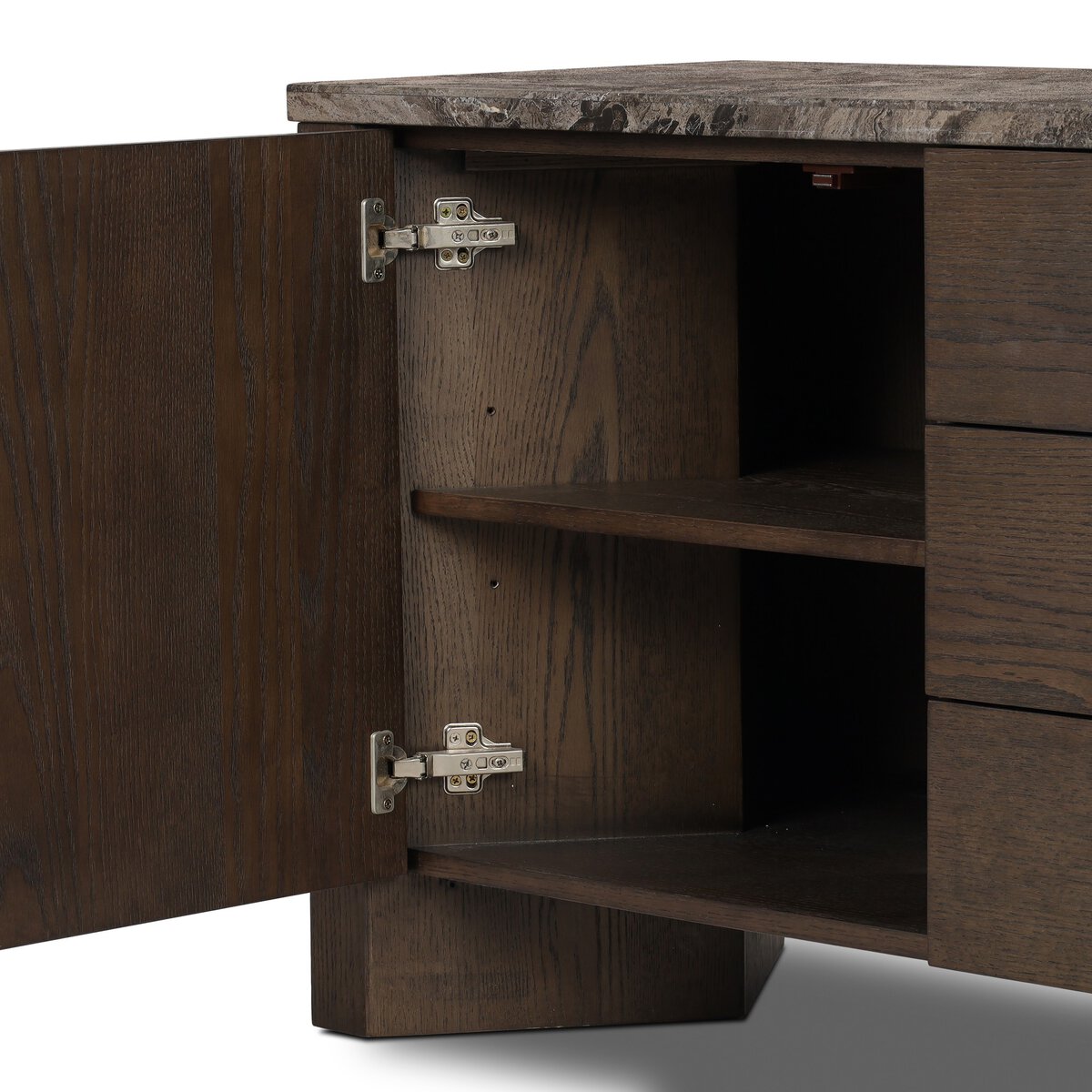Four Hands Lawson Media Console in brown oak veneer with warm grey marble top, close-up detail of oak veneer, view 2