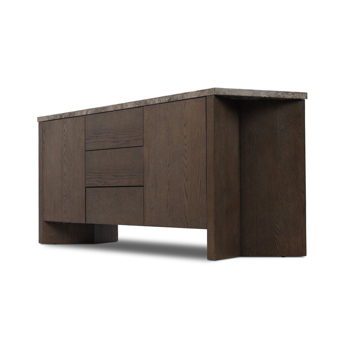 Four Hands Lawson Media Console in brown oak veneer with warm grey marble top, close-up detail of marble, view 2