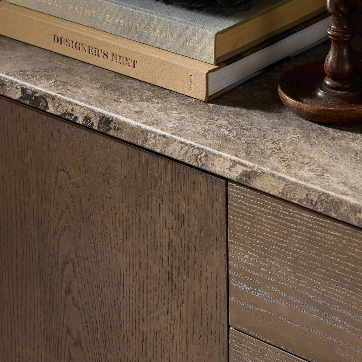 Four Hands Lawson Media Console in brown oak veneer with warm grey marble top, close-up detail of marble, view 1